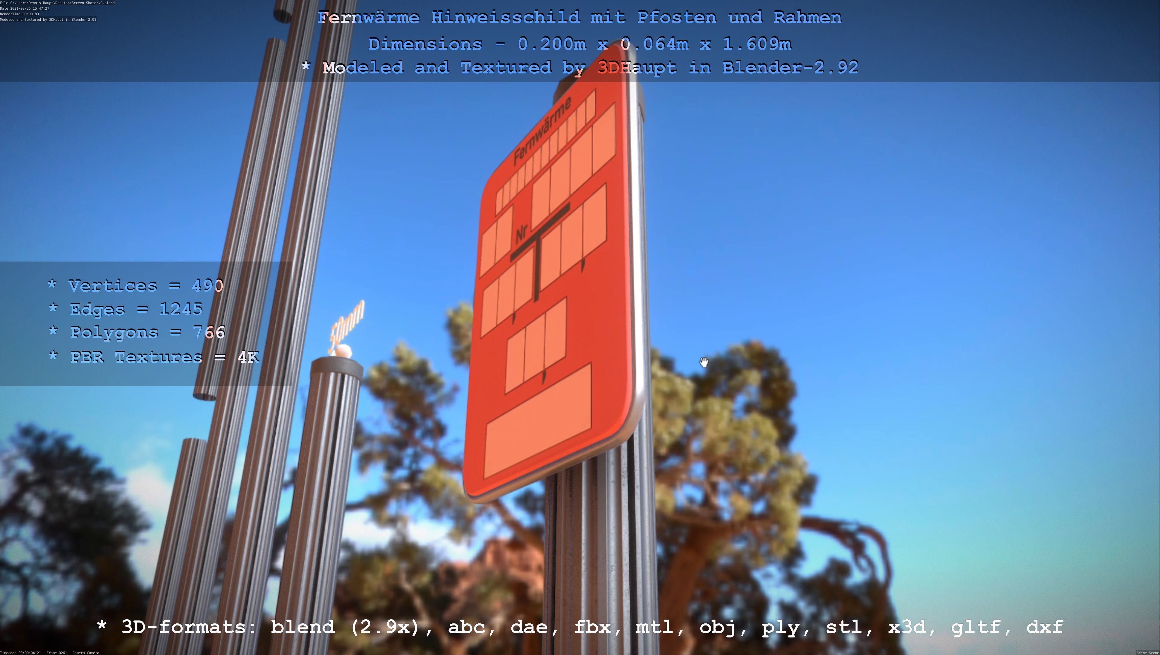 Hinweisschild Fernwaeme mit Pfosten und Rahmen Low-poly 3D model_81