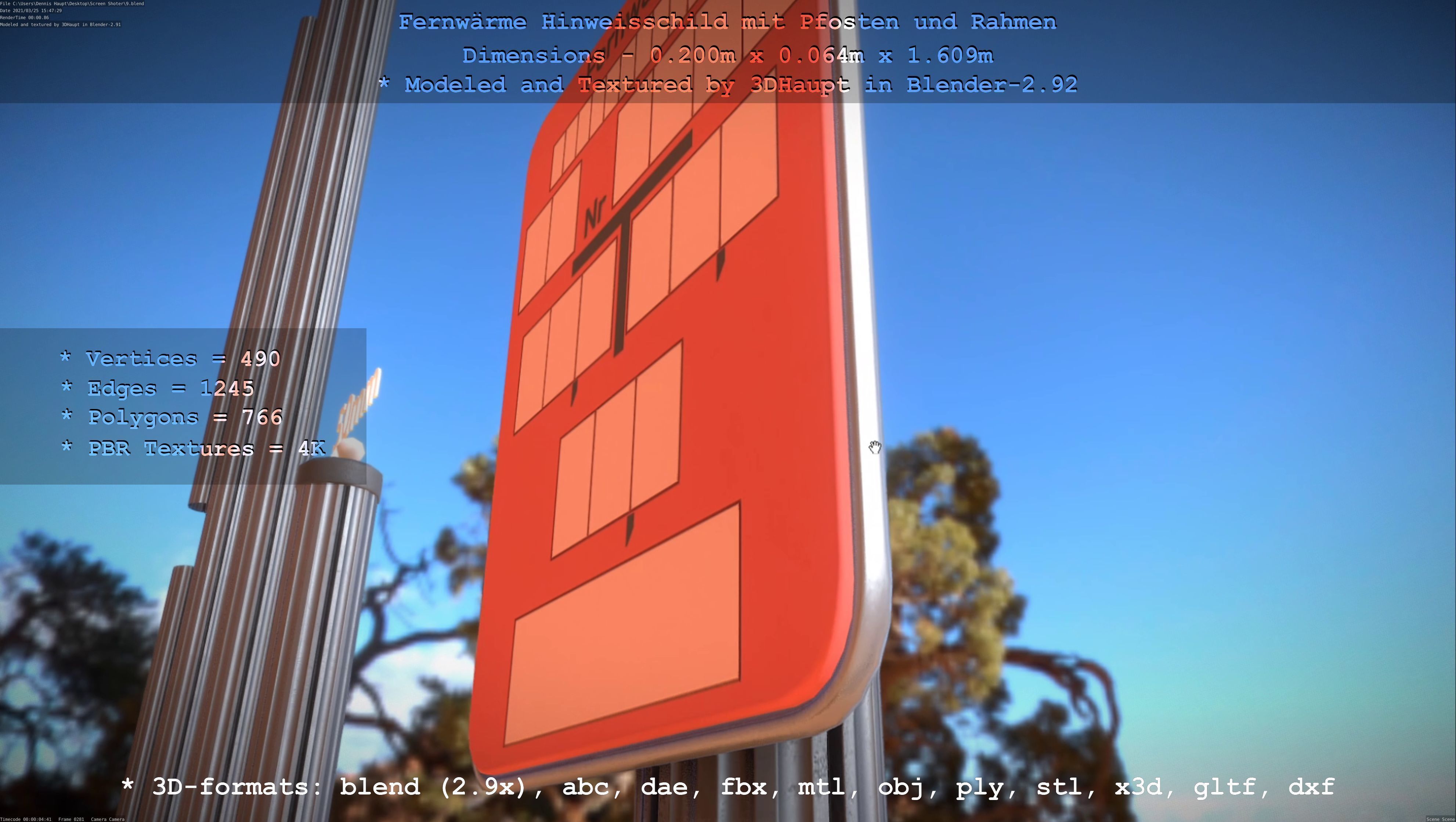 Hinweisschild Fernwaeme mit Pfosten und Rahmen Low-poly 3D model_28