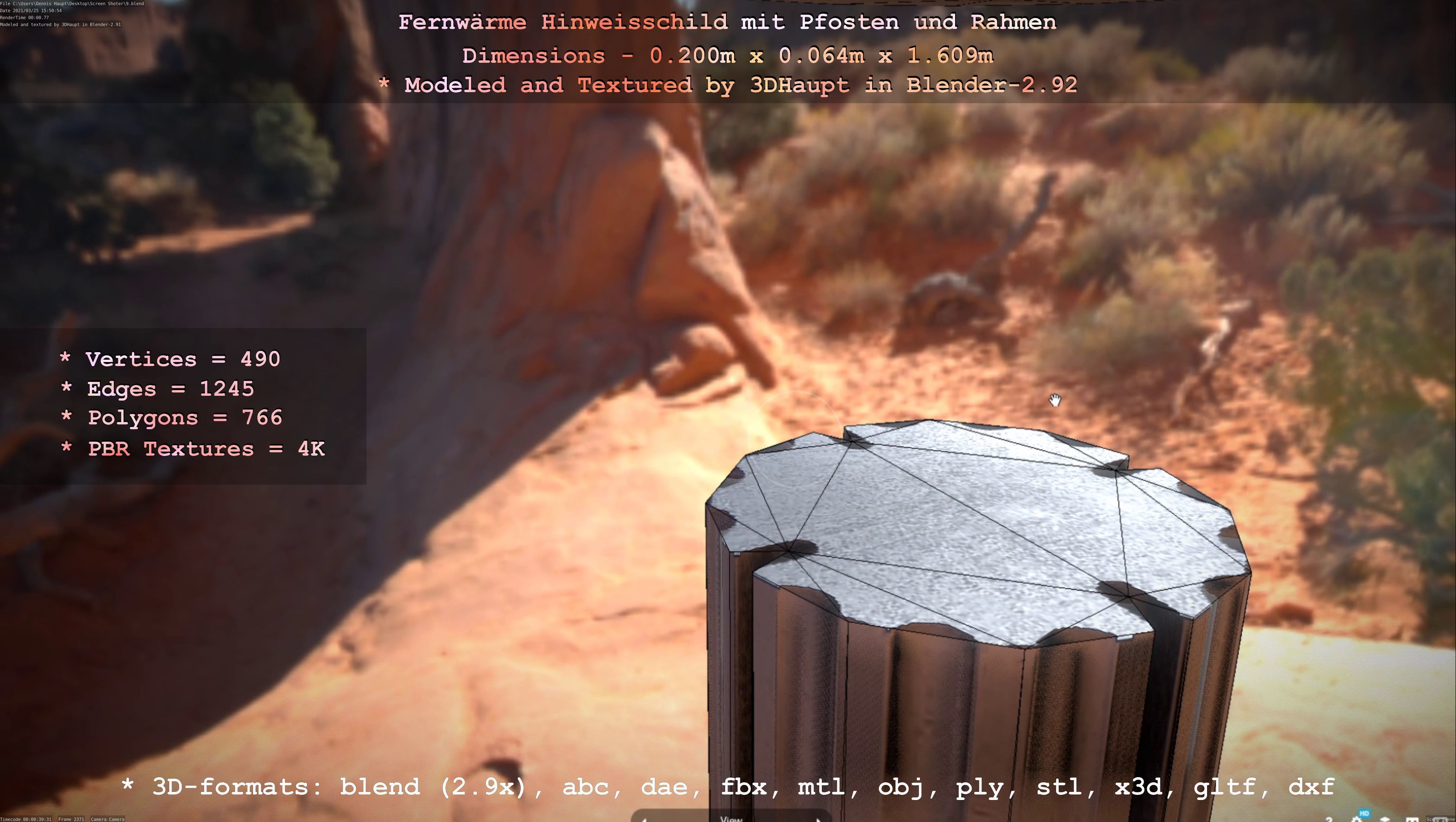 Hinweisschild Fernwaeme mit Pfosten und Rahmen Low-poly 3D model_46