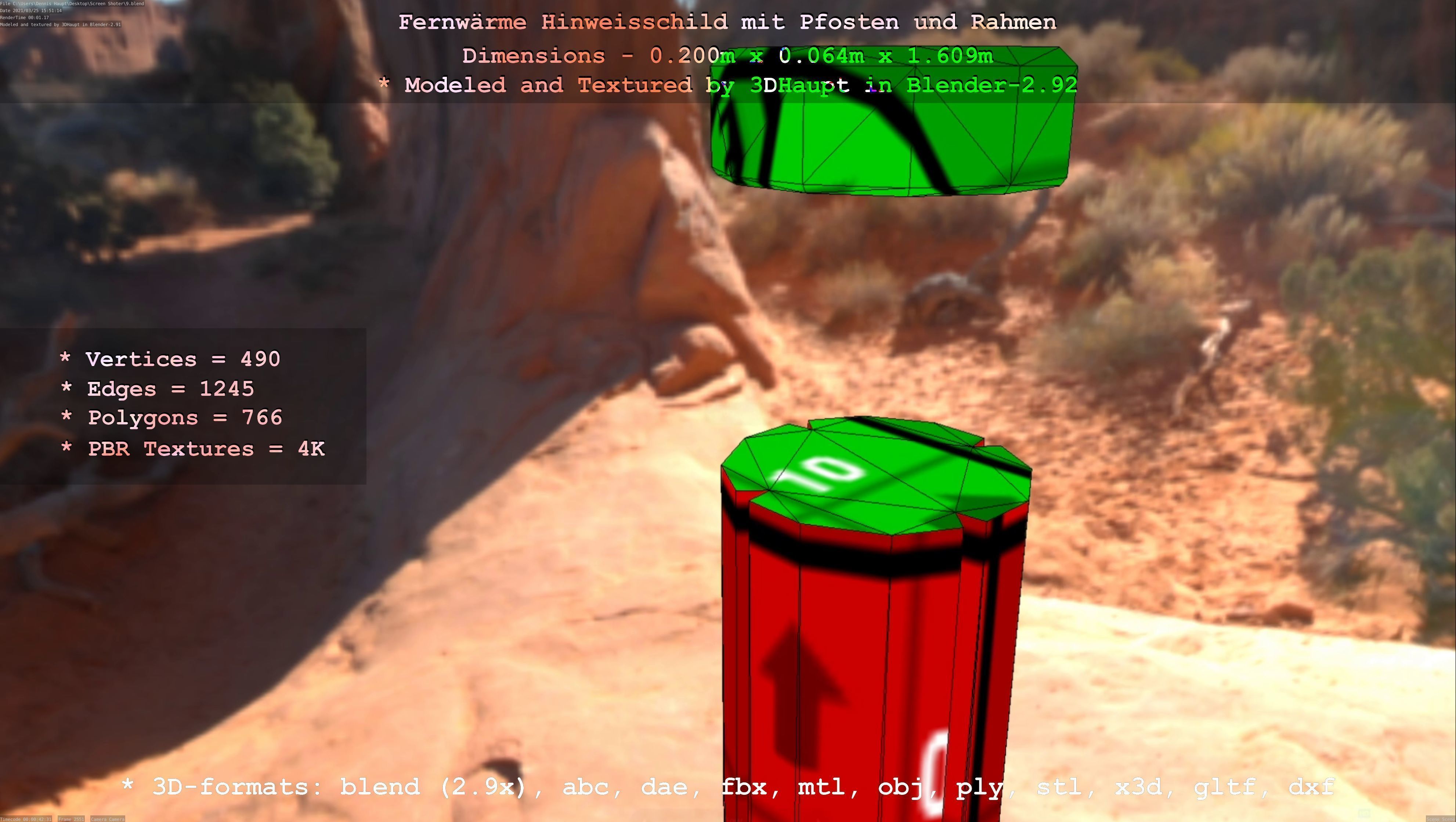 Hinweisschild Fernwaeme mit Pfosten und Rahmen Low-poly 3D model_75