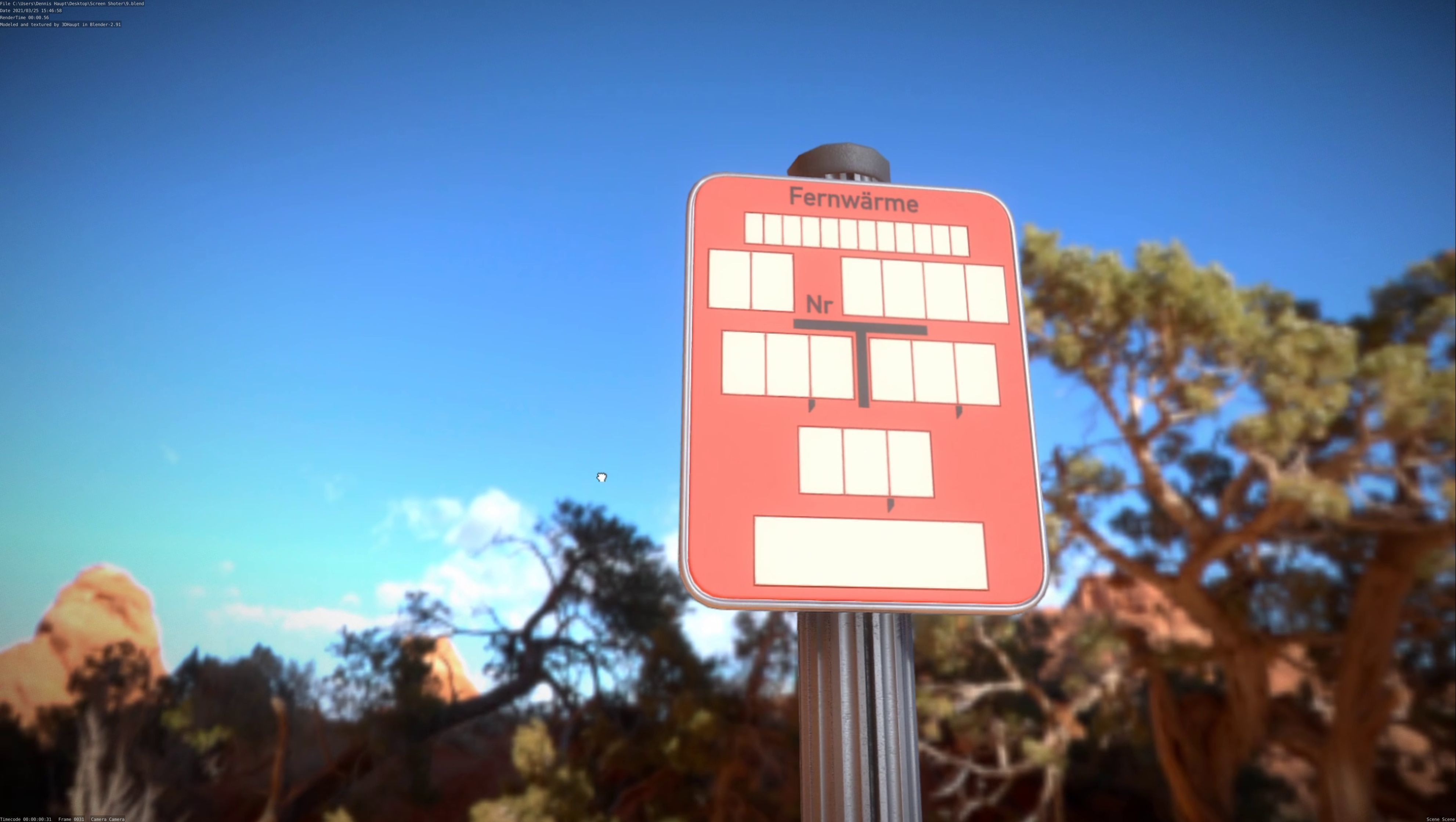 Hinweisschild Fernwaeme mit Pfosten und Rahmen Low-poly 3D model_18