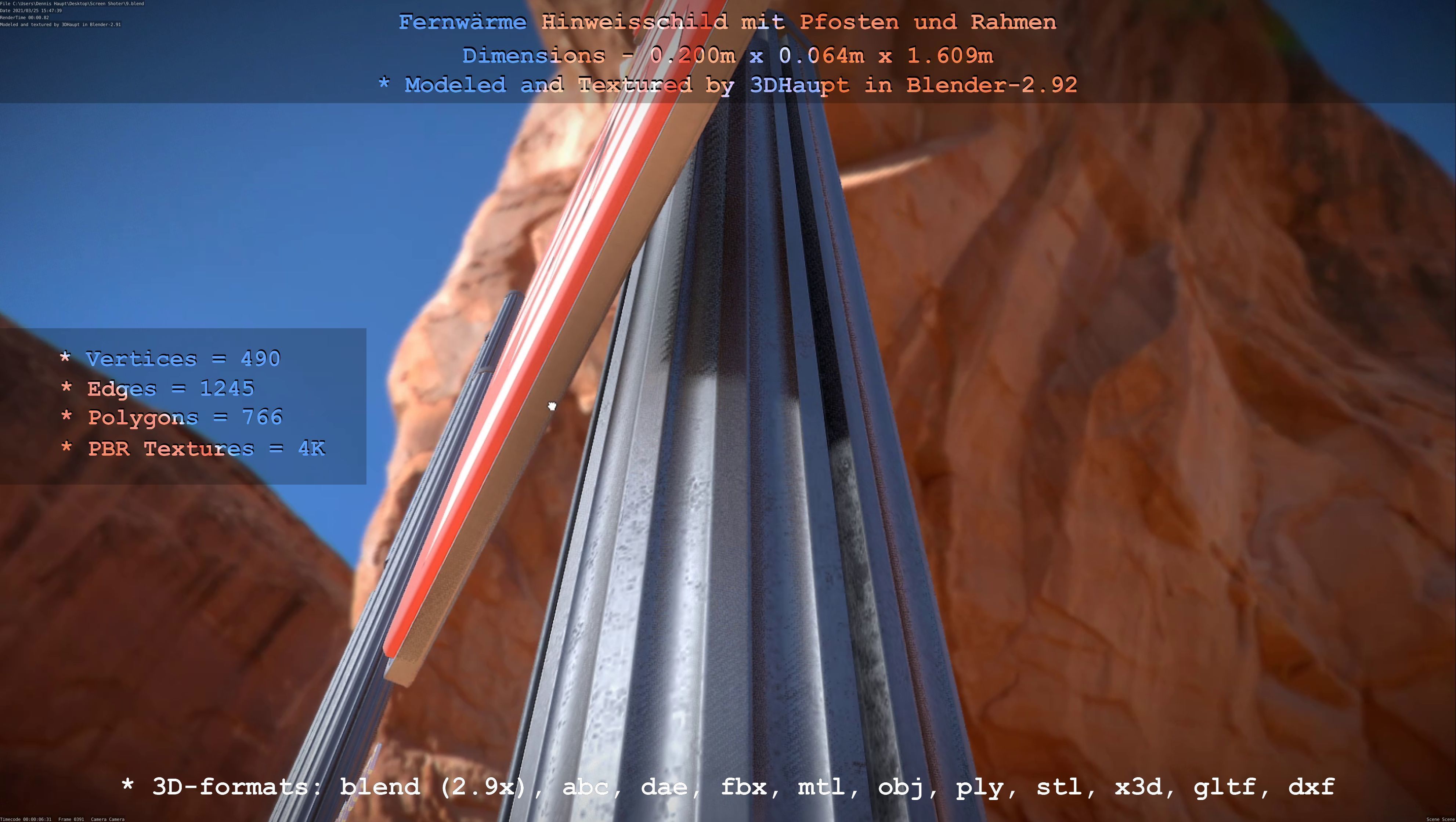 Hinweisschild Fernwaeme mit Pfosten und Rahmen Low-poly 3D model_2