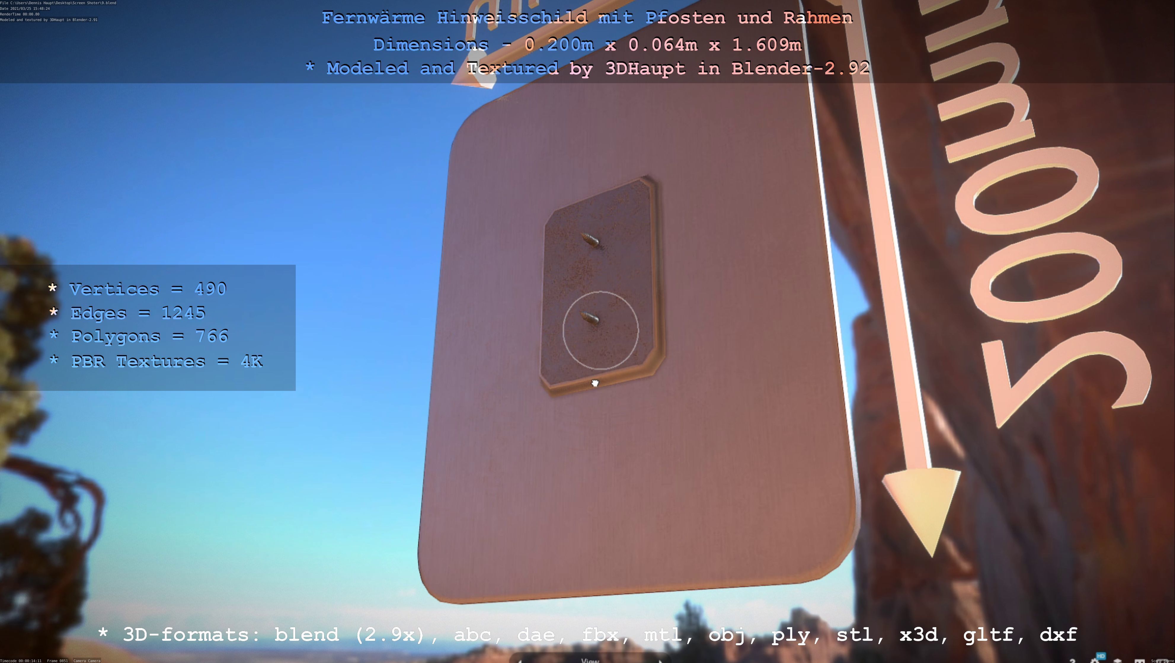 Hinweisschild Fernwaeme mit Pfosten und Rahmen Low-poly 3D model_33