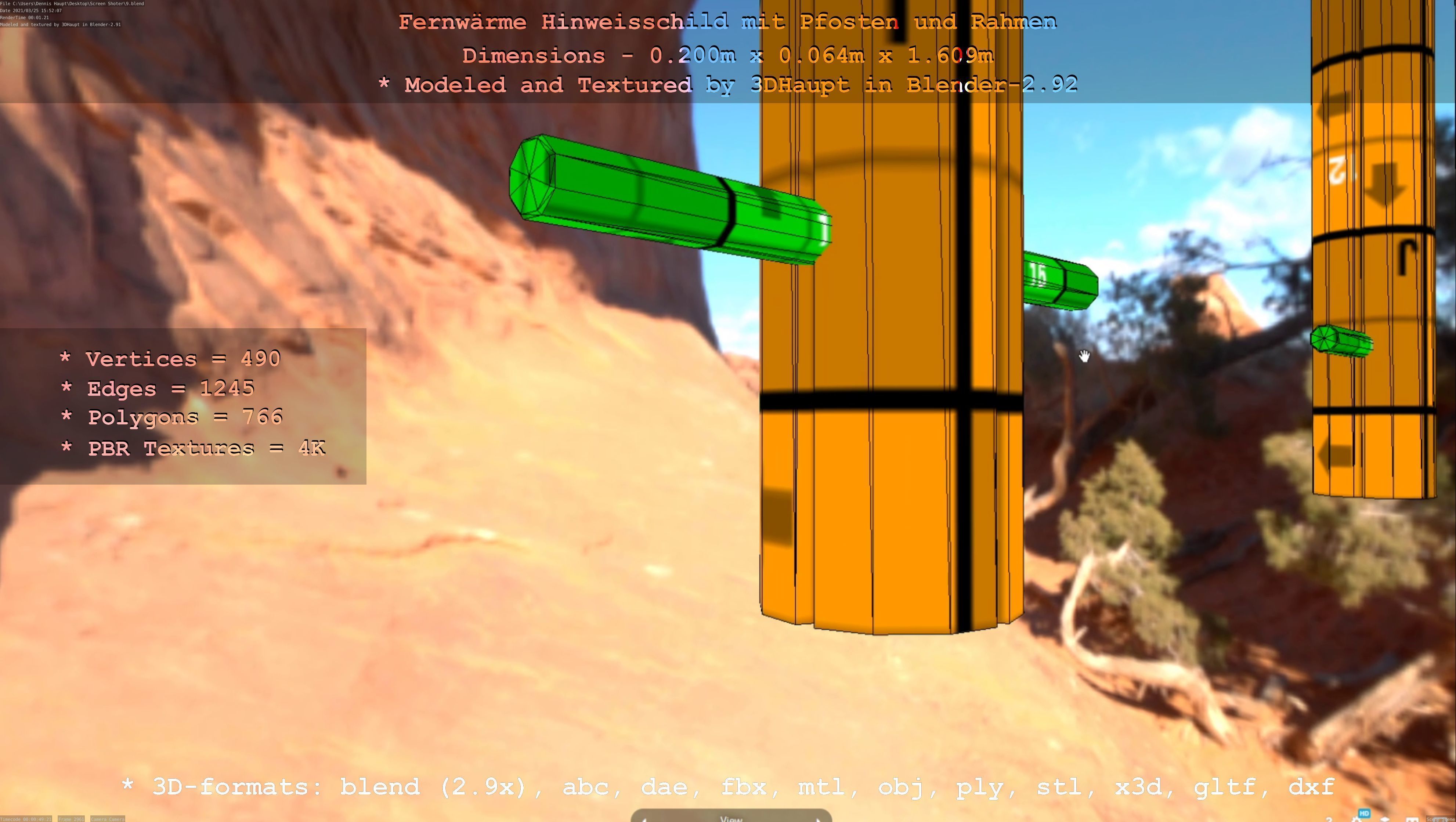 Hinweisschild Fernwaeme mit Pfosten und Rahmen Low-poly 3D model_16