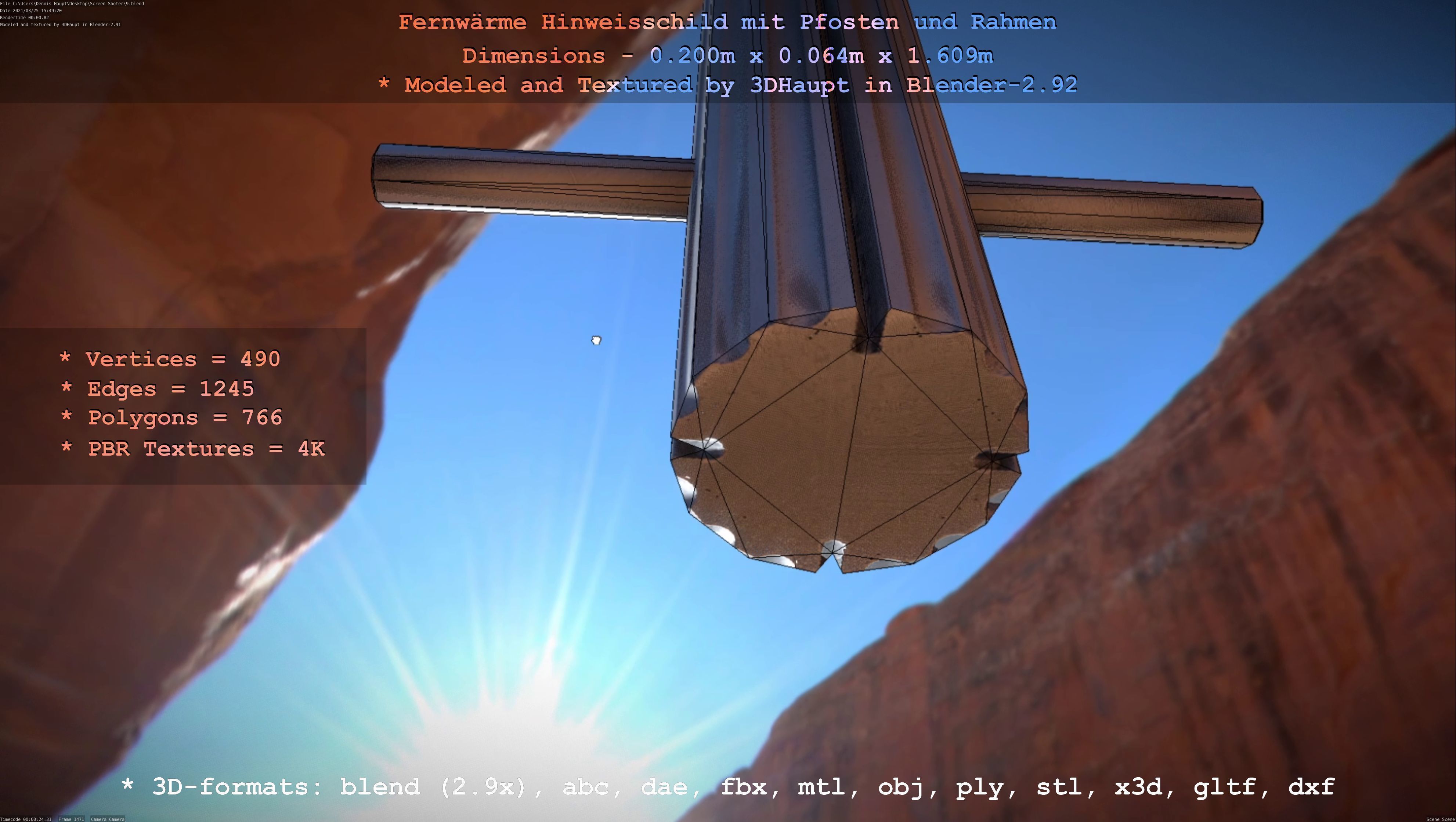 Hinweisschild Fernwaeme mit Pfosten und Rahmen Low-poly 3D model_7