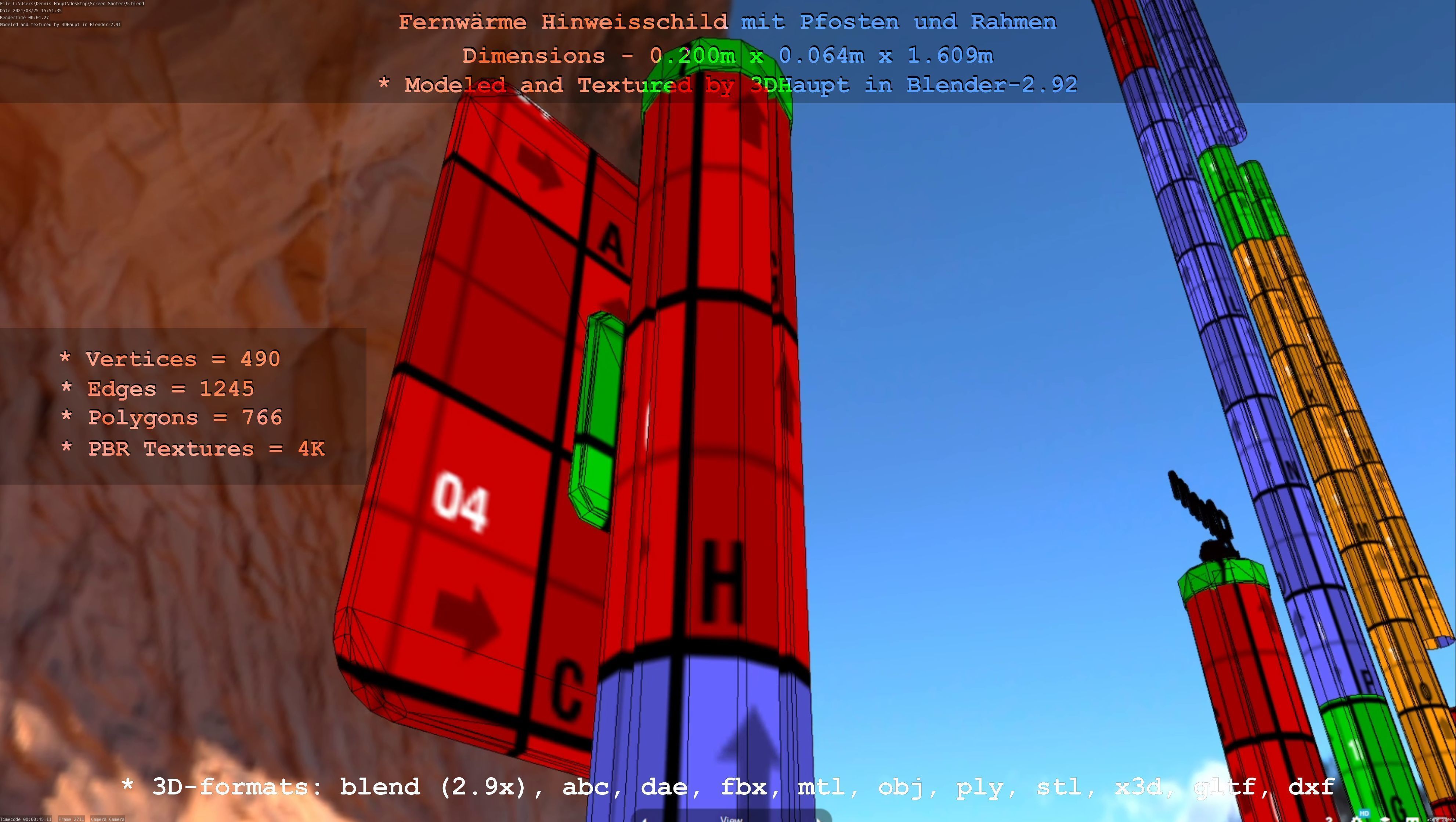 Hinweisschild Fernwaeme mit Pfosten und Rahmen Low-poly 3D model_71