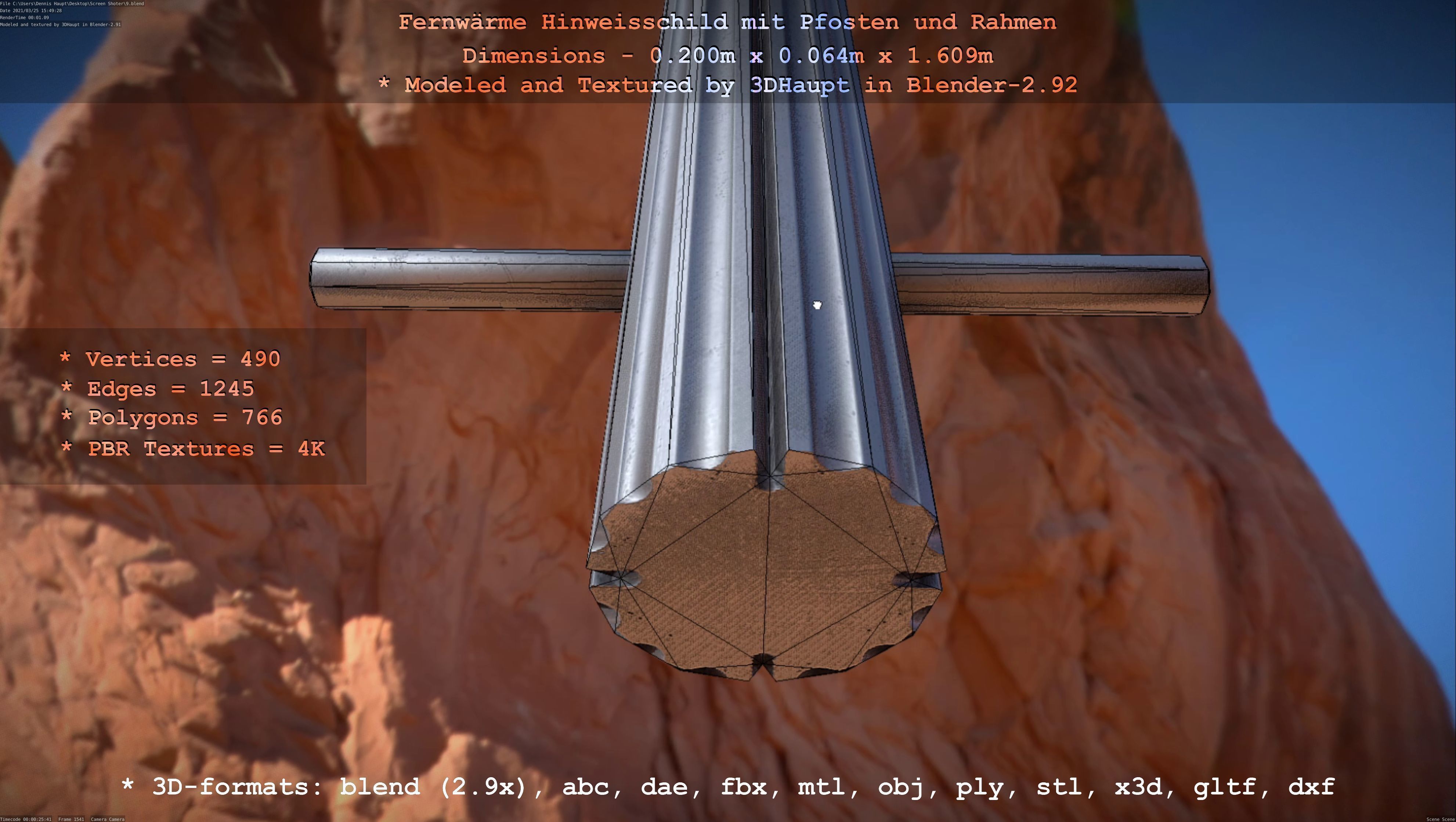 Hinweisschild Fernwaeme mit Pfosten und Rahmen Low-poly 3D model_38