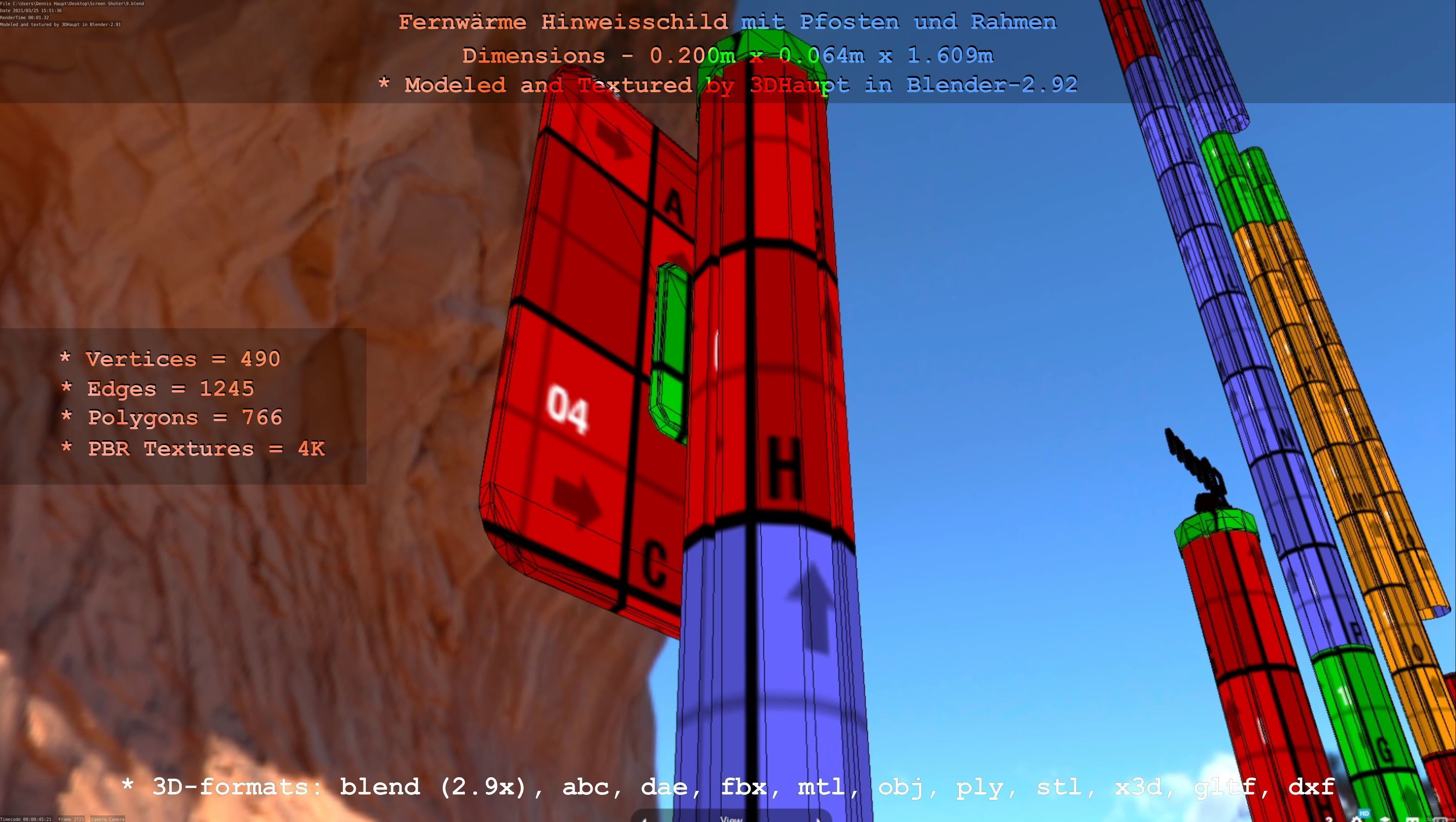 Hinweisschild Fernwaeme mit Pfosten und Rahmen Low-poly 3D model_50