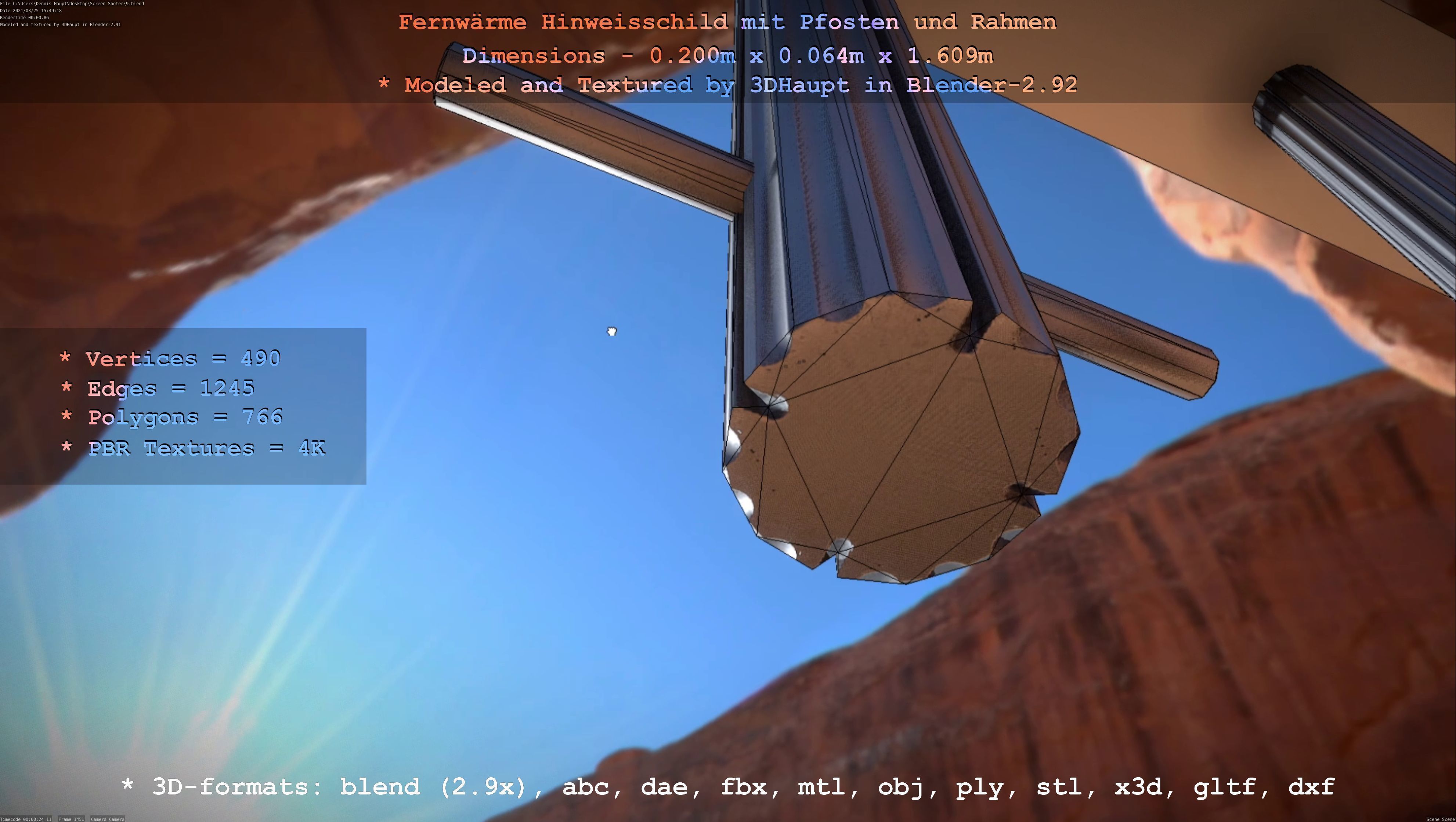 Hinweisschild Fernwaeme mit Pfosten und Rahmen Low-poly 3D model_36