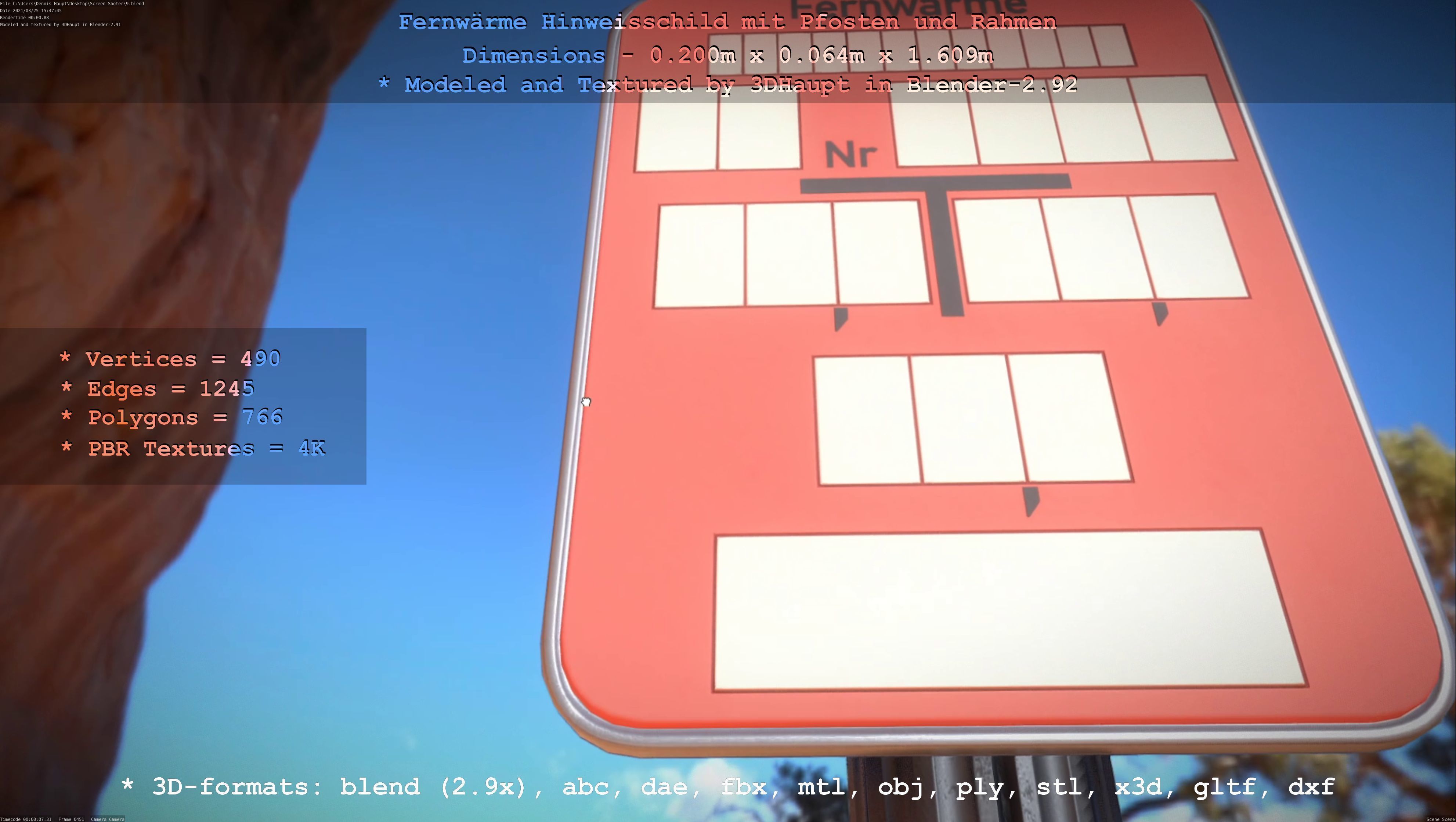 Hinweisschild Fernwaeme mit Pfosten und Rahmen Low-poly 3D model_92