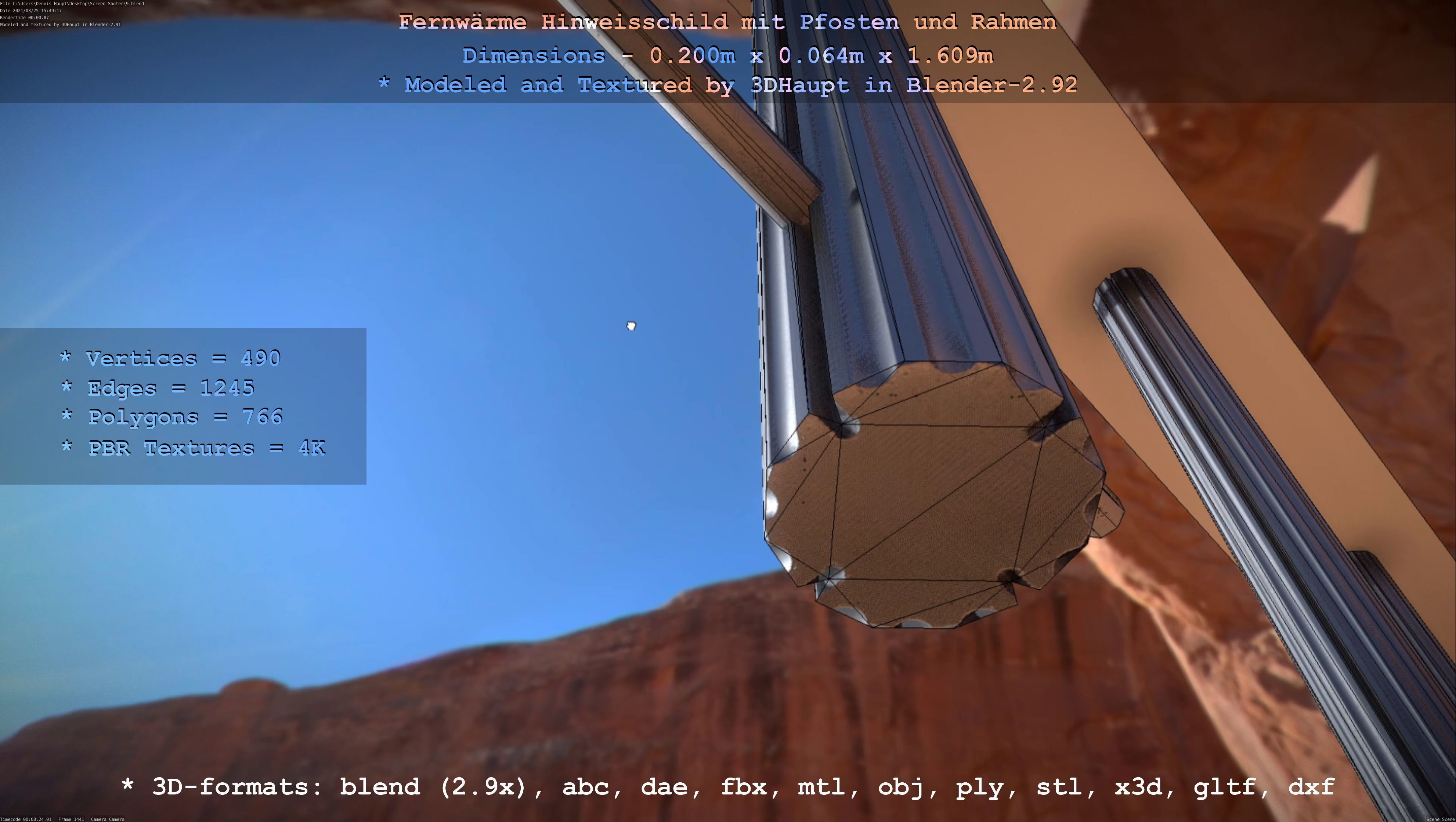 Hinweisschild Fernwaeme mit Pfosten und Rahmen Low-poly 3D model_39