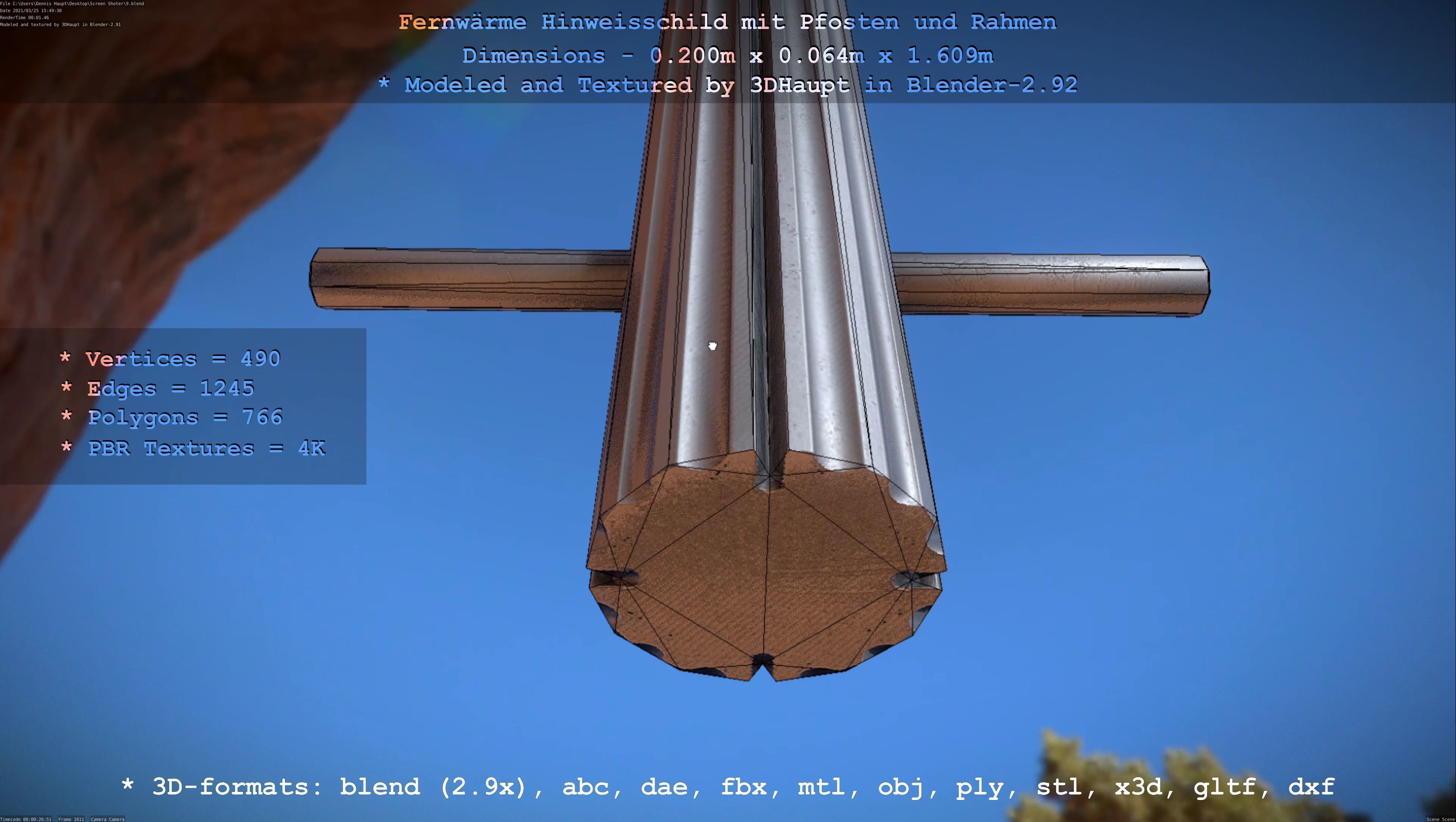 Hinweisschild Fernwaeme mit Pfosten und Rahmen Low-poly 3D model_52