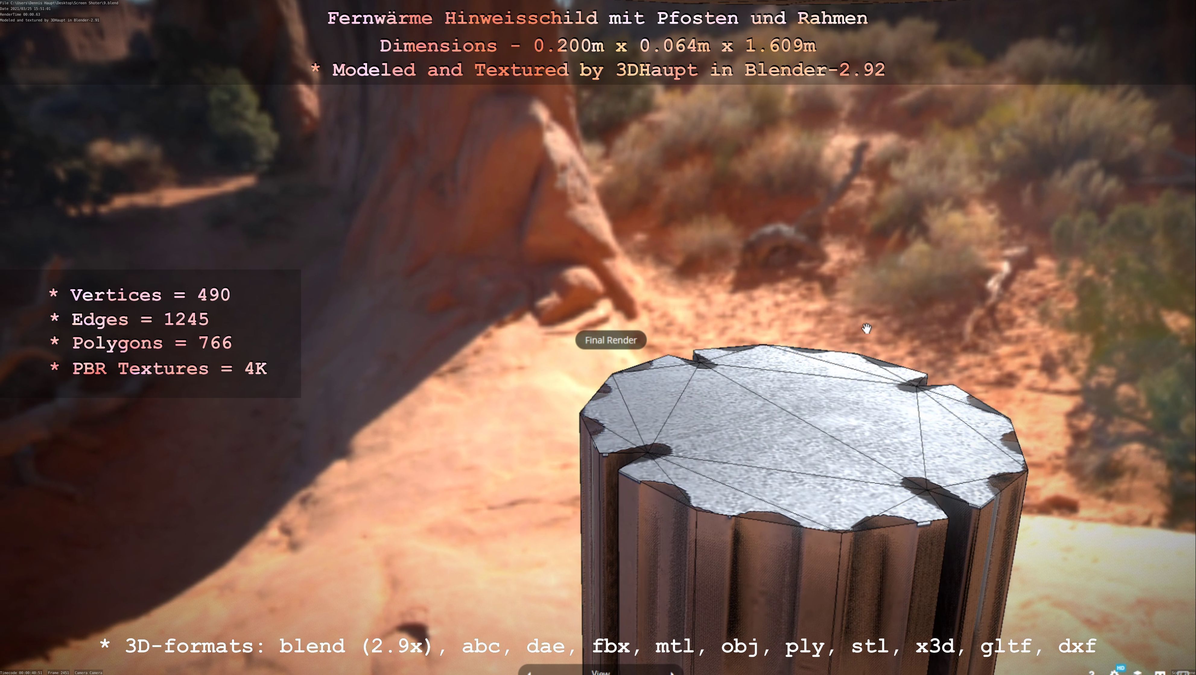 Hinweisschild Fernwaeme mit Pfosten und Rahmen Low-poly 3D model_60