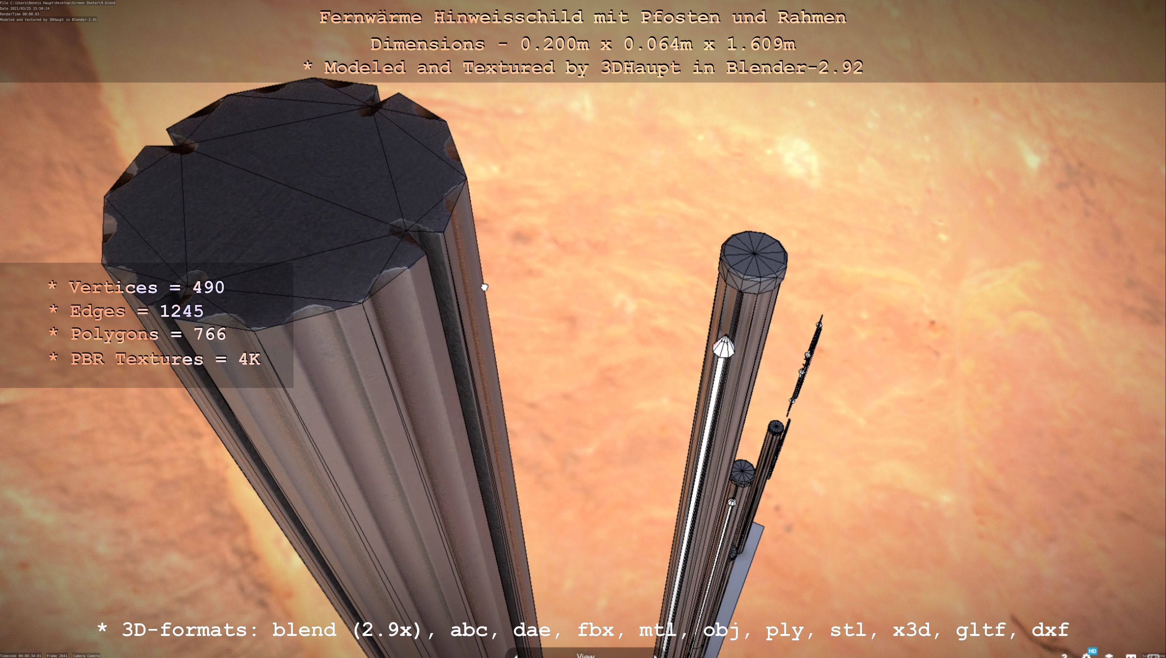 Hinweisschild Fernwaeme mit Pfosten und Rahmen Low-poly 3D model_99