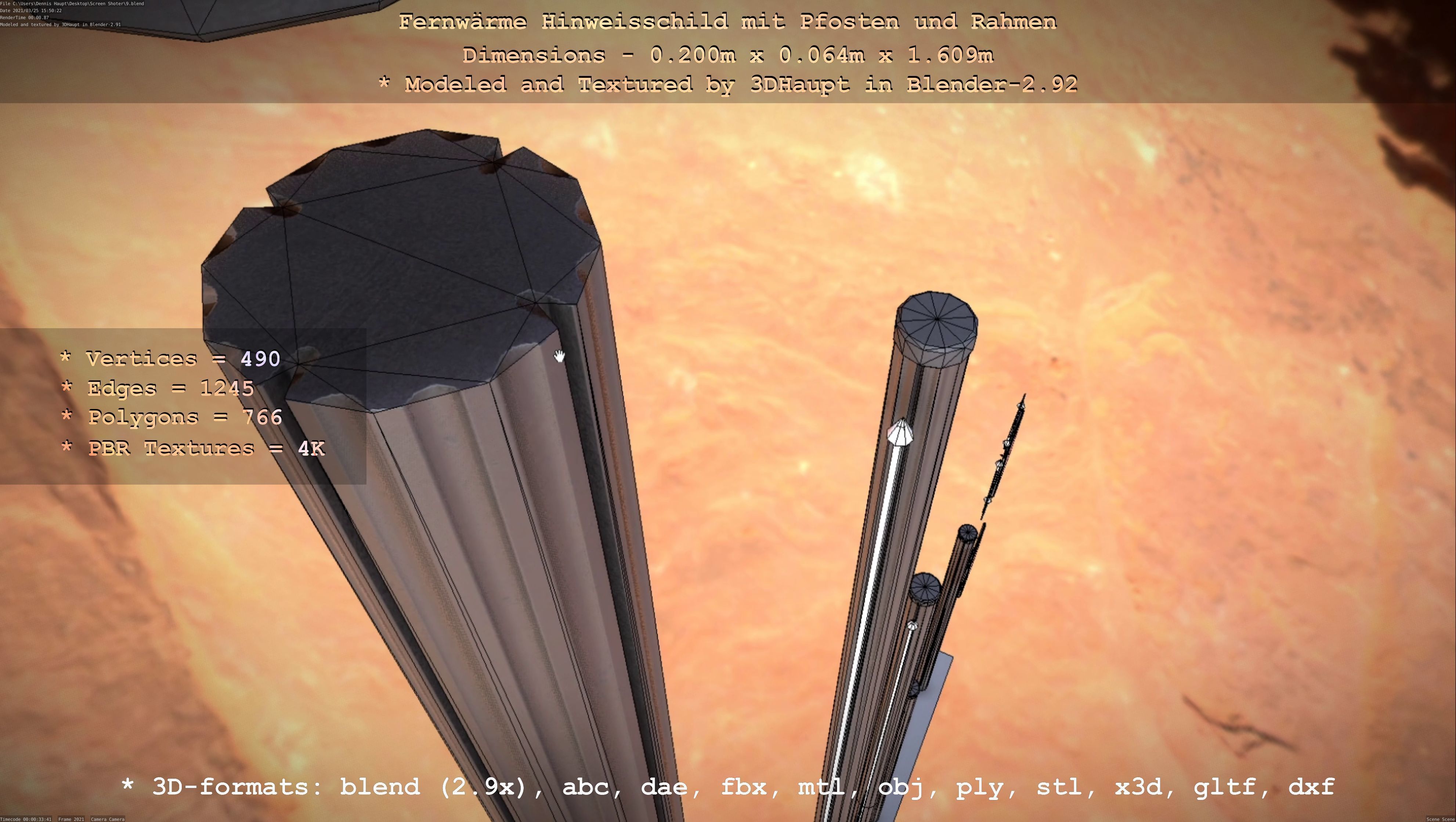 Hinweisschild Fernwaeme mit Pfosten und Rahmen Low-poly 3D model_54