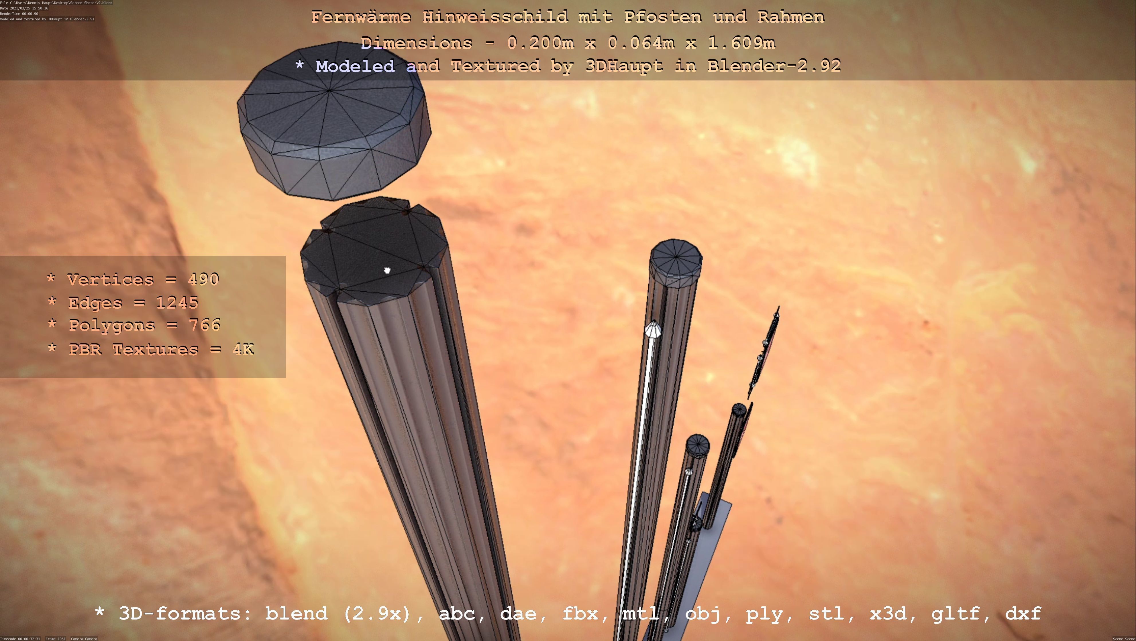 Hinweisschild Fernwaeme mit Pfosten und Rahmen Low-poly 3D model_49