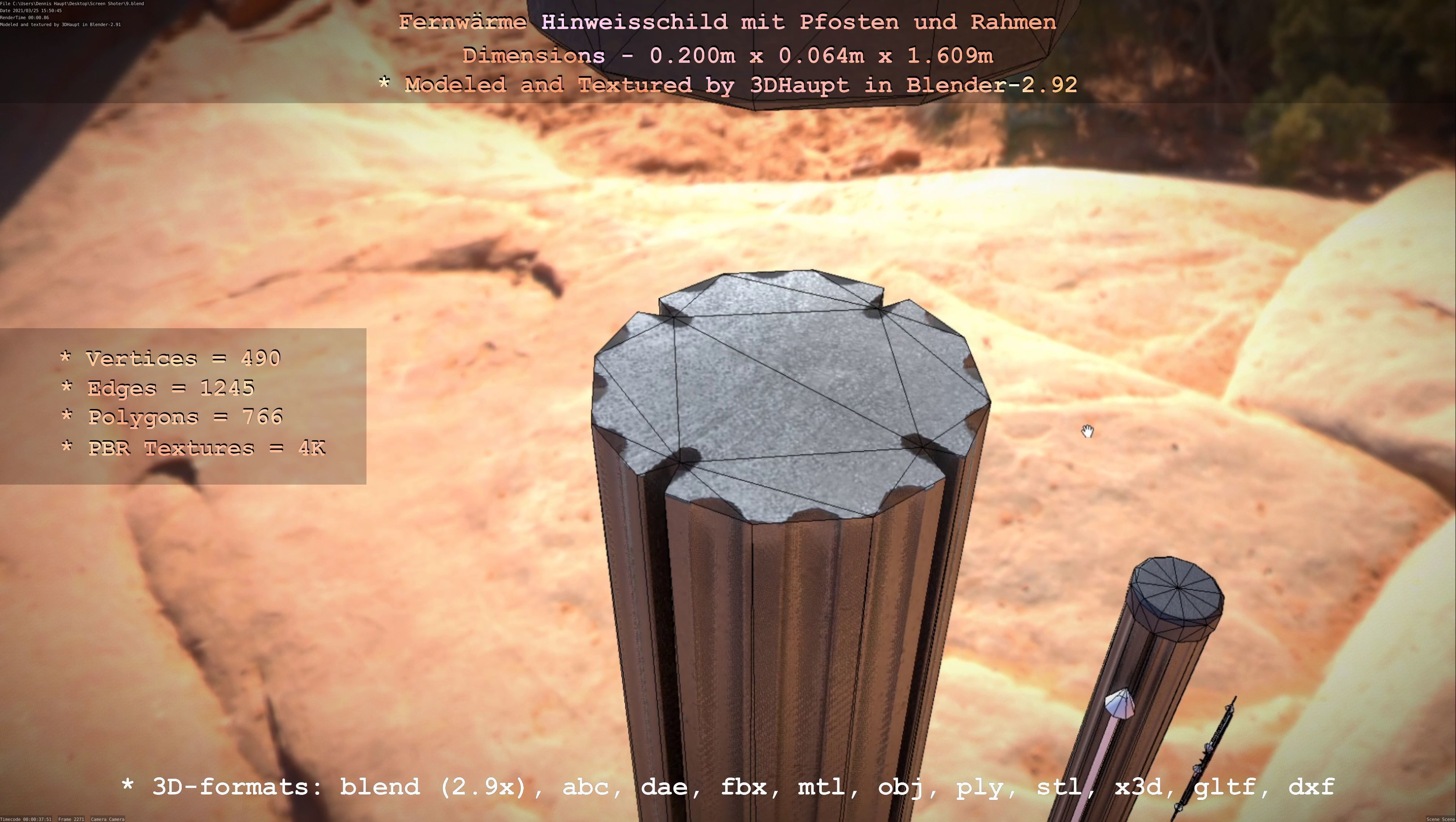 Hinweisschild Fernwaeme mit Pfosten und Rahmen Low-poly 3D model_61