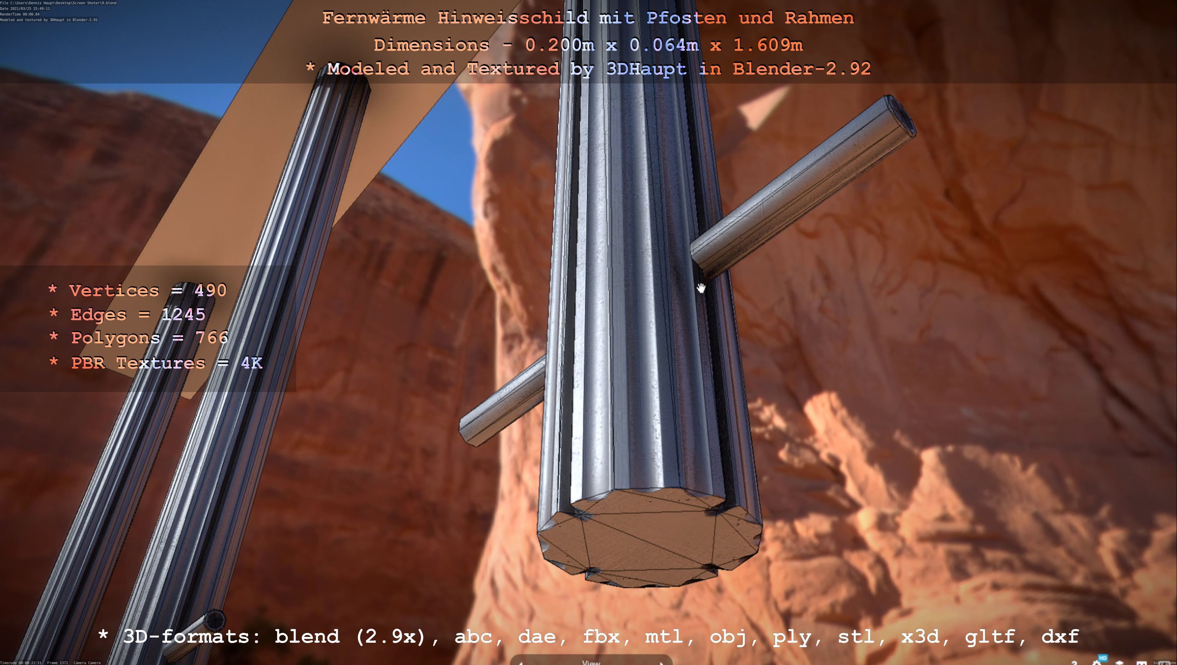 Hinweisschild Fernwaeme mit Pfosten und Rahmen Low-poly 3D model_43