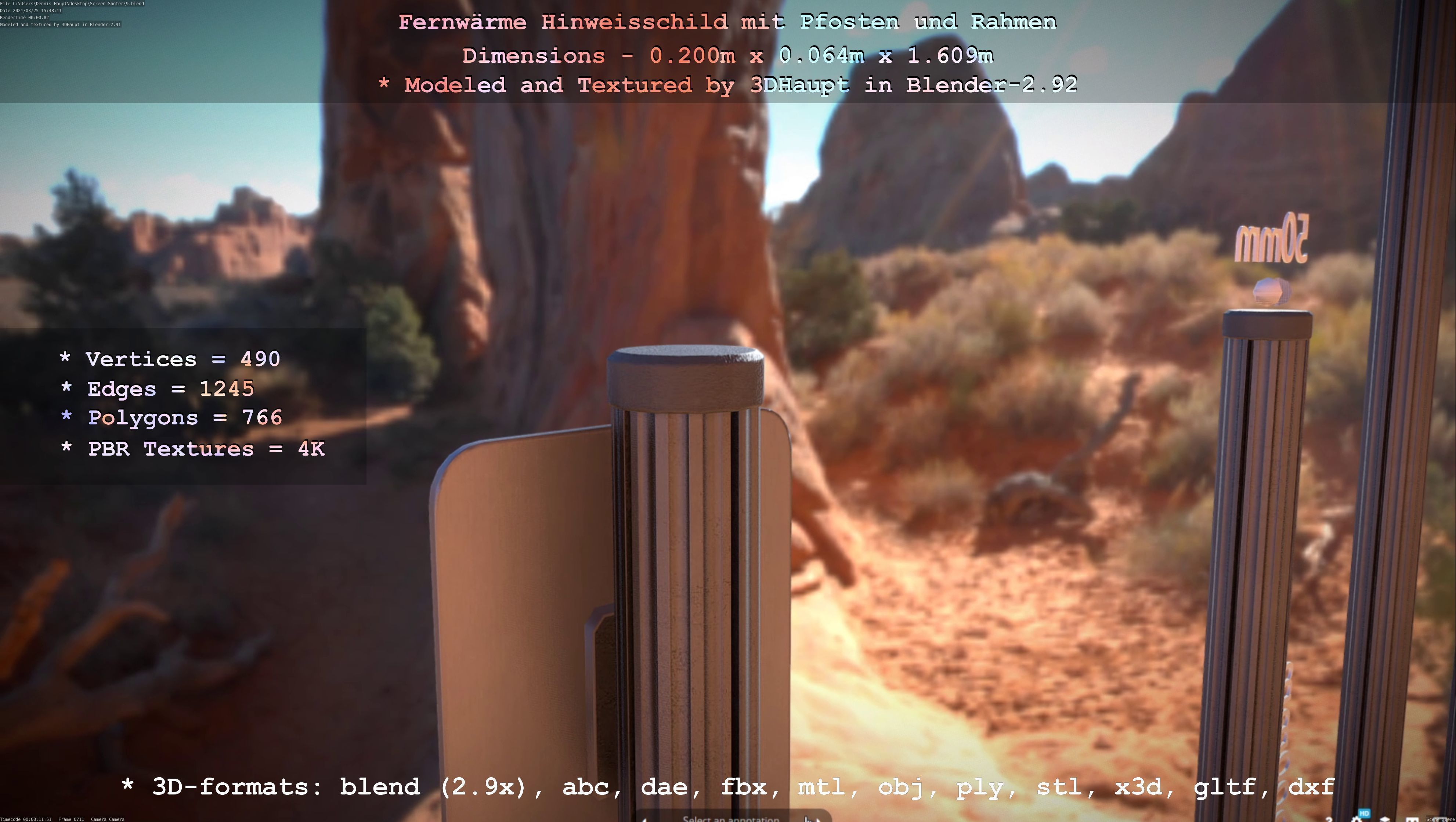 Hinweisschild Fernwaeme mit Pfosten und Rahmen Low-poly 3D model_32