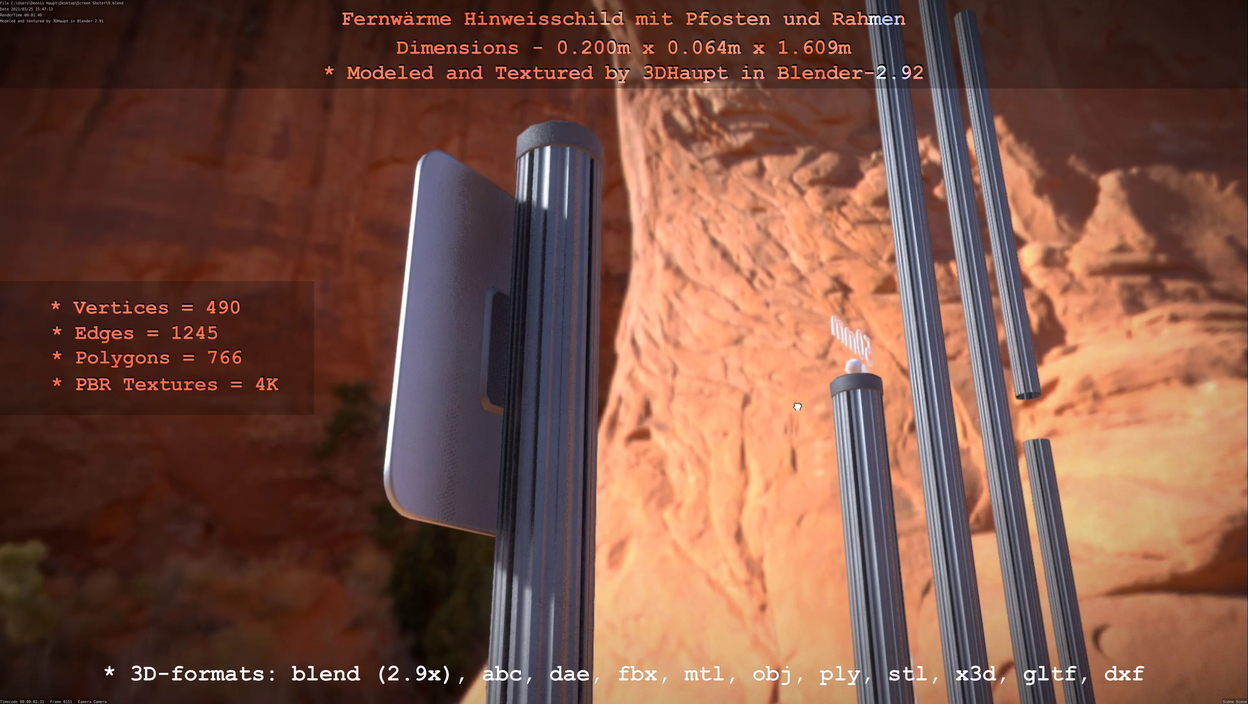 Hinweisschild Fernwaeme mit Pfosten und Rahmen Low-poly 3D model_23