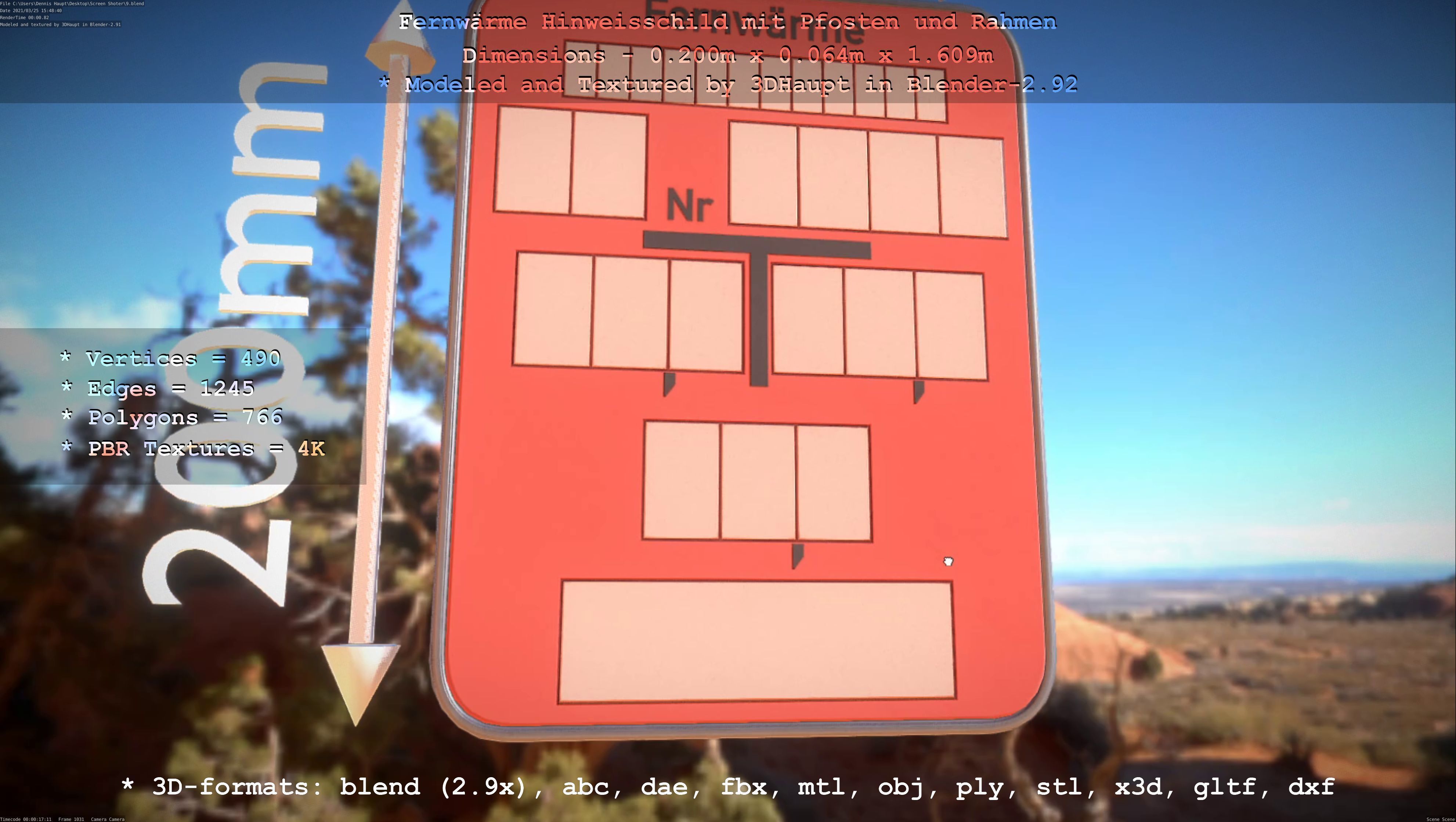 Hinweisschild Fernwaeme mit Pfosten und Rahmen Low-poly 3D model_35
