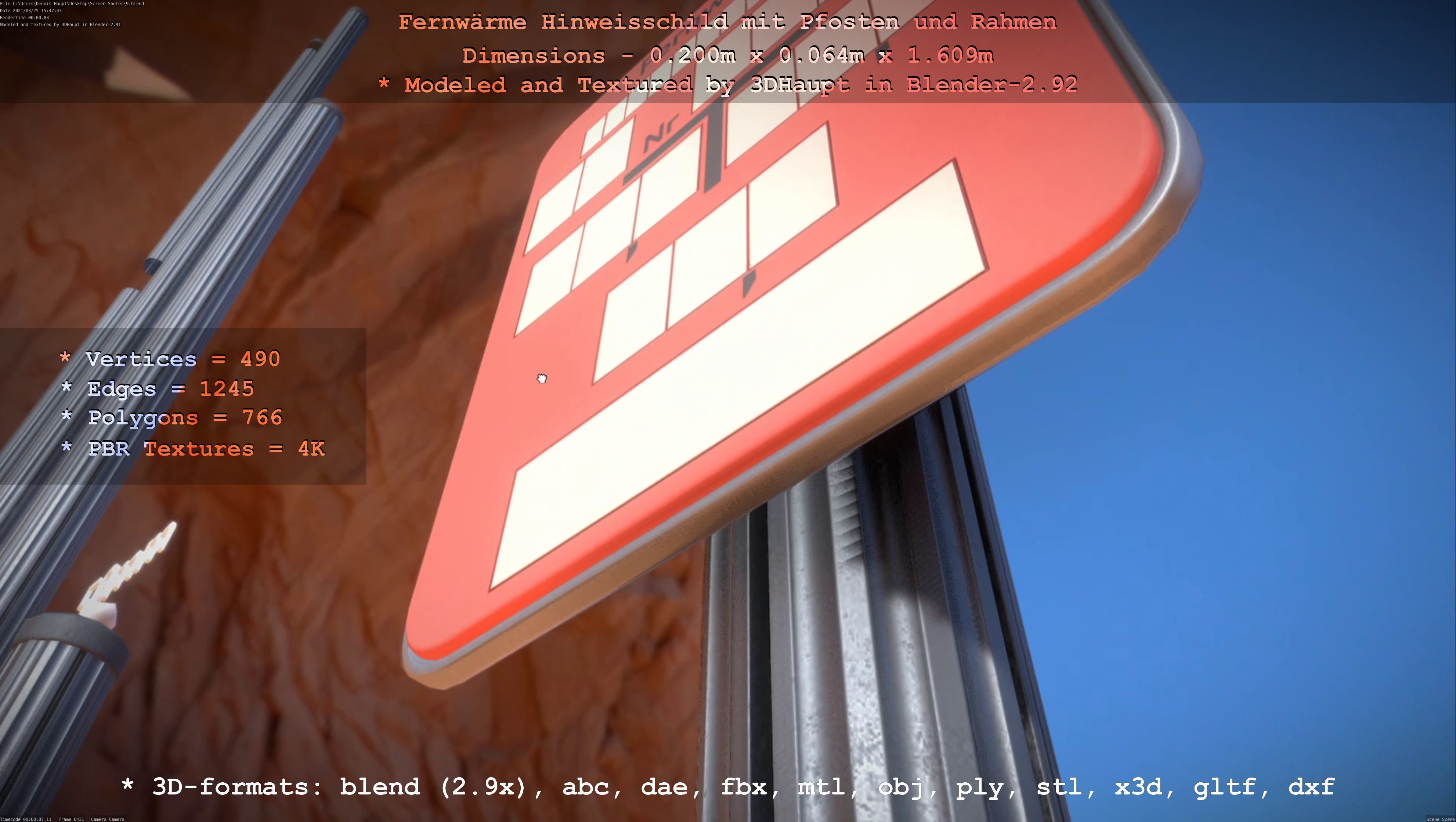 Hinweisschild Fernwaeme mit Pfosten und Rahmen Low-poly 3D model_13