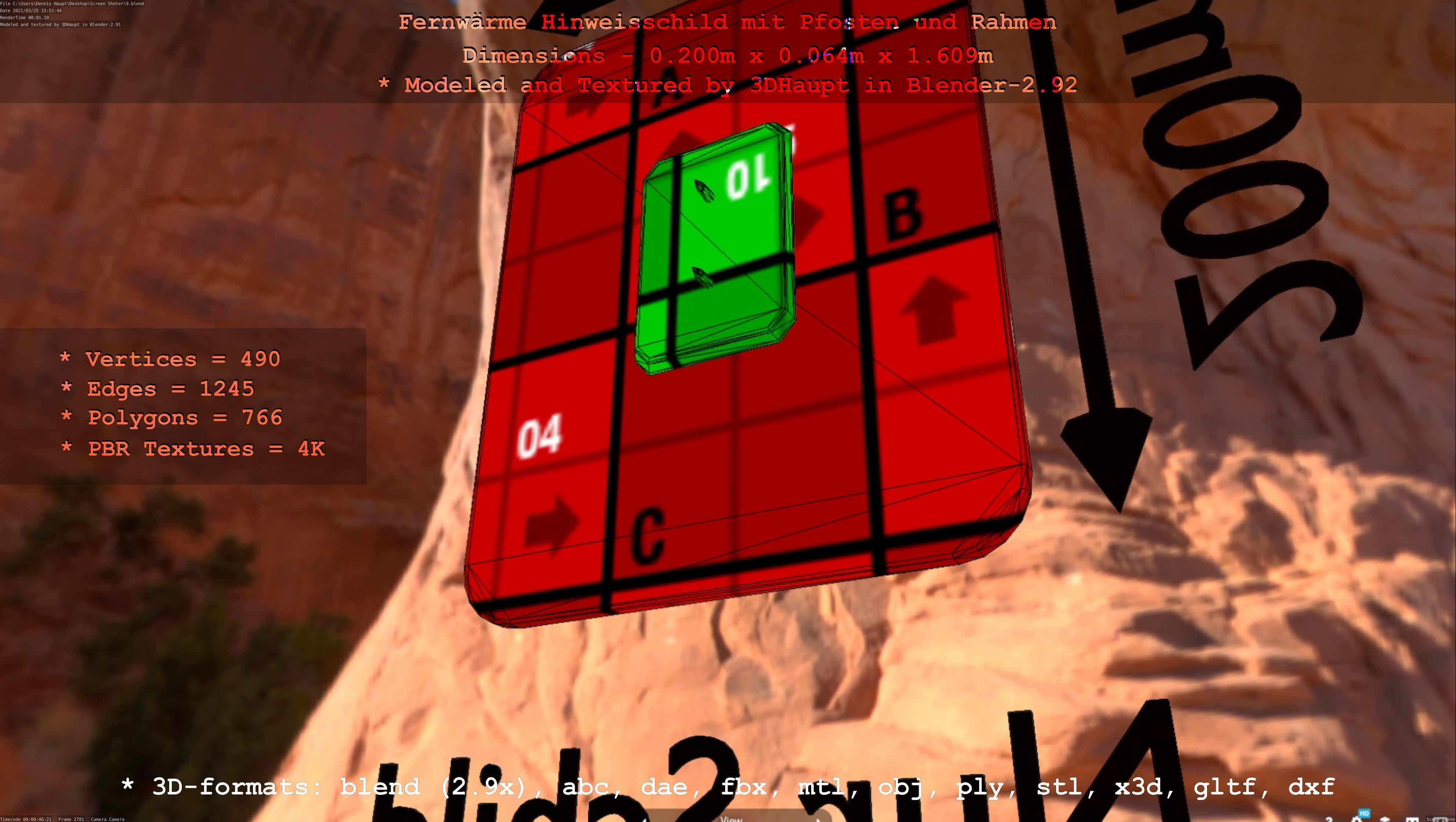 Hinweisschild Fernwaeme mit Pfosten und Rahmen Low-poly 3D model_58