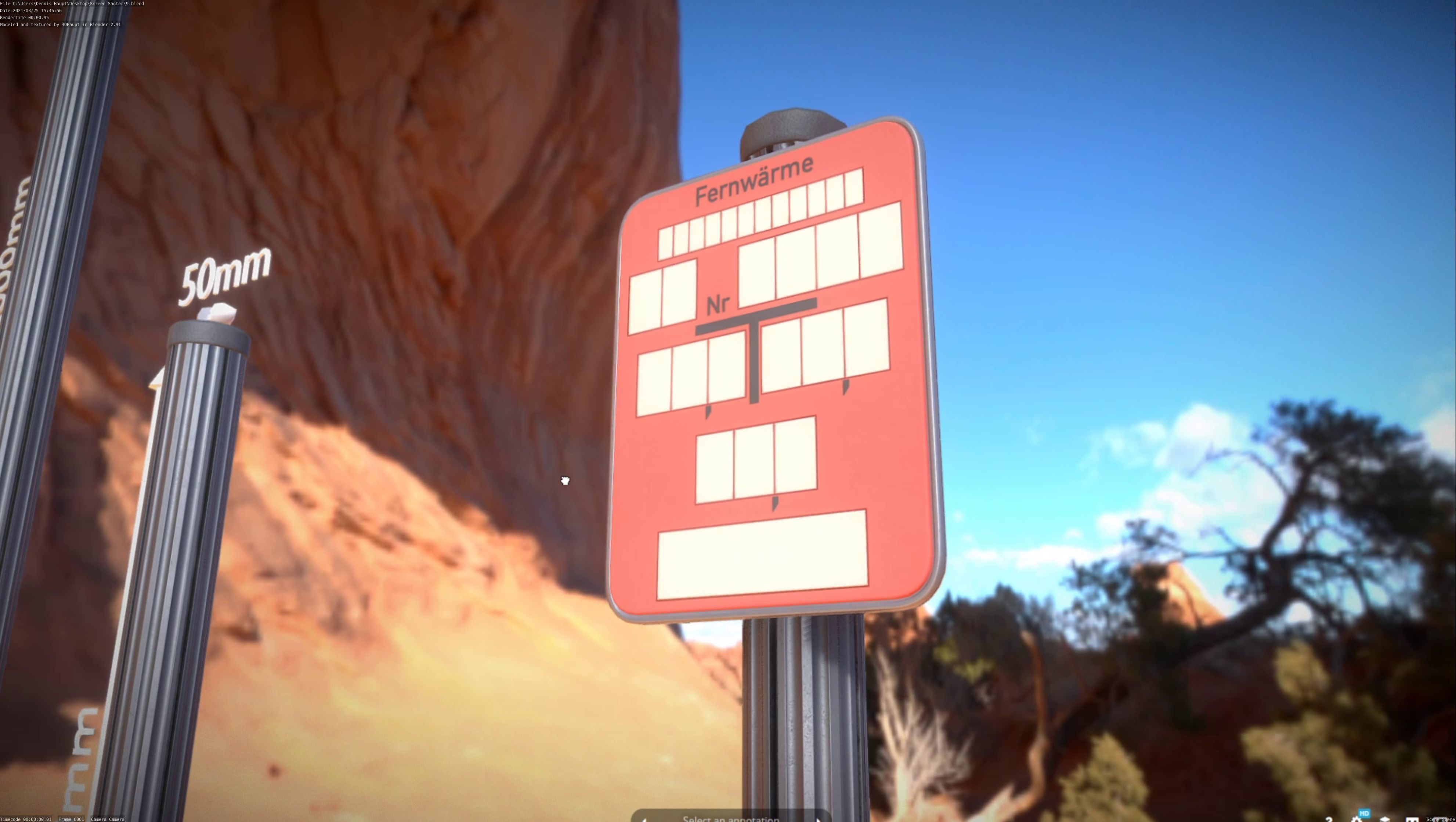 Hinweisschild Fernwaeme mit Pfosten und Rahmen Low-poly 3D model_17