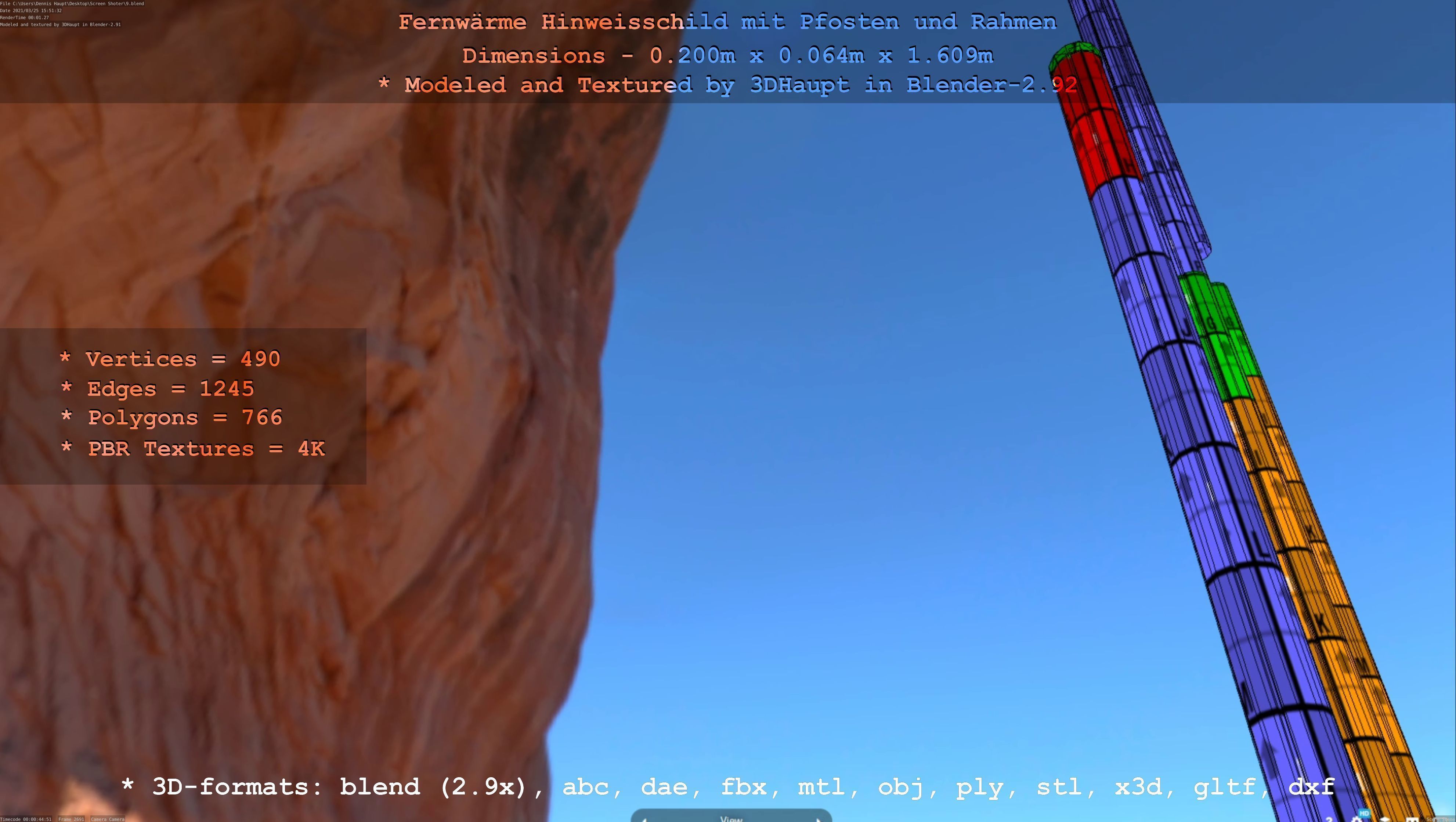 Hinweisschild Fernwaeme mit Pfosten und Rahmen Low-poly 3D model_12