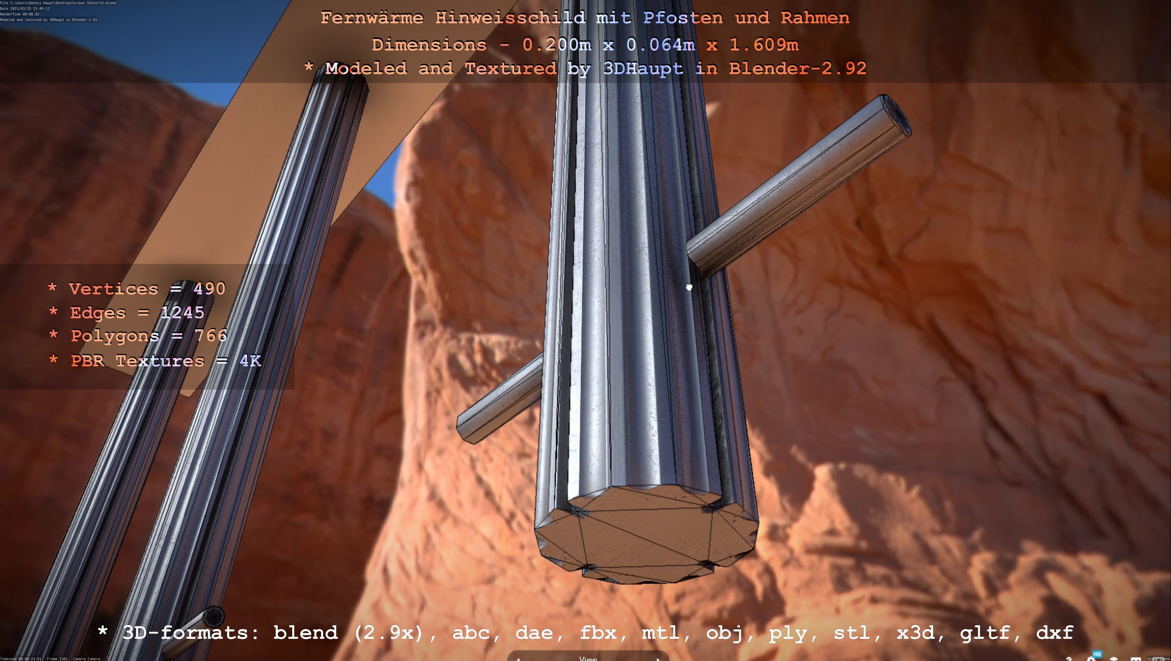 Hinweisschild Fernwaeme mit Pfosten und Rahmen Low-poly 3D model_44