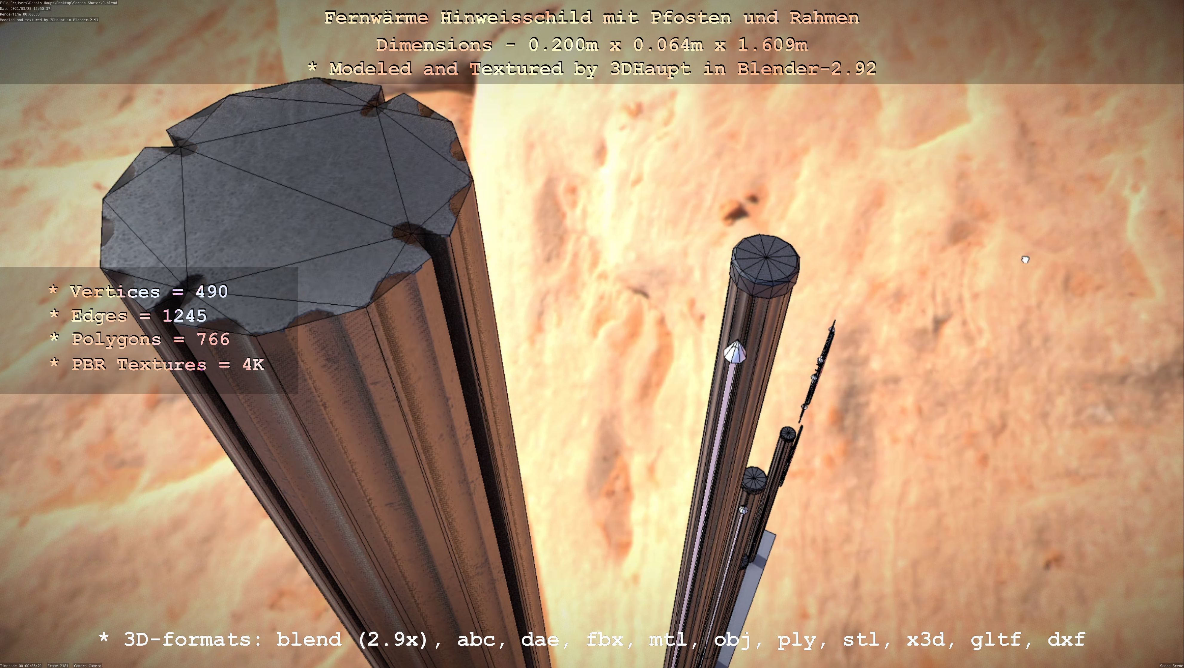 Hinweisschild Fernwaeme mit Pfosten und Rahmen Low-poly 3D model_94