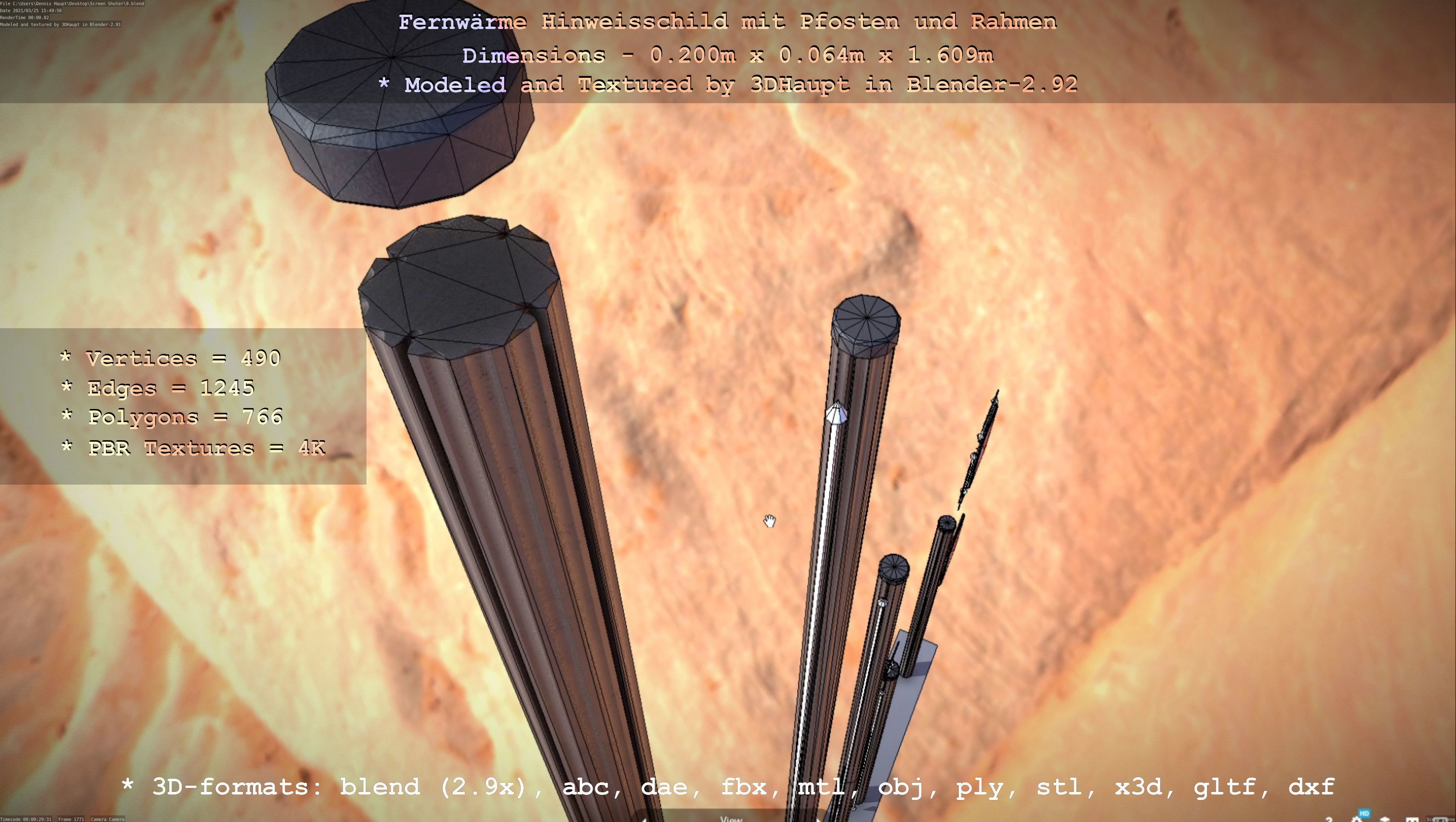 Hinweisschild Fernwaeme mit Pfosten und Rahmen Low-poly 3D model_47