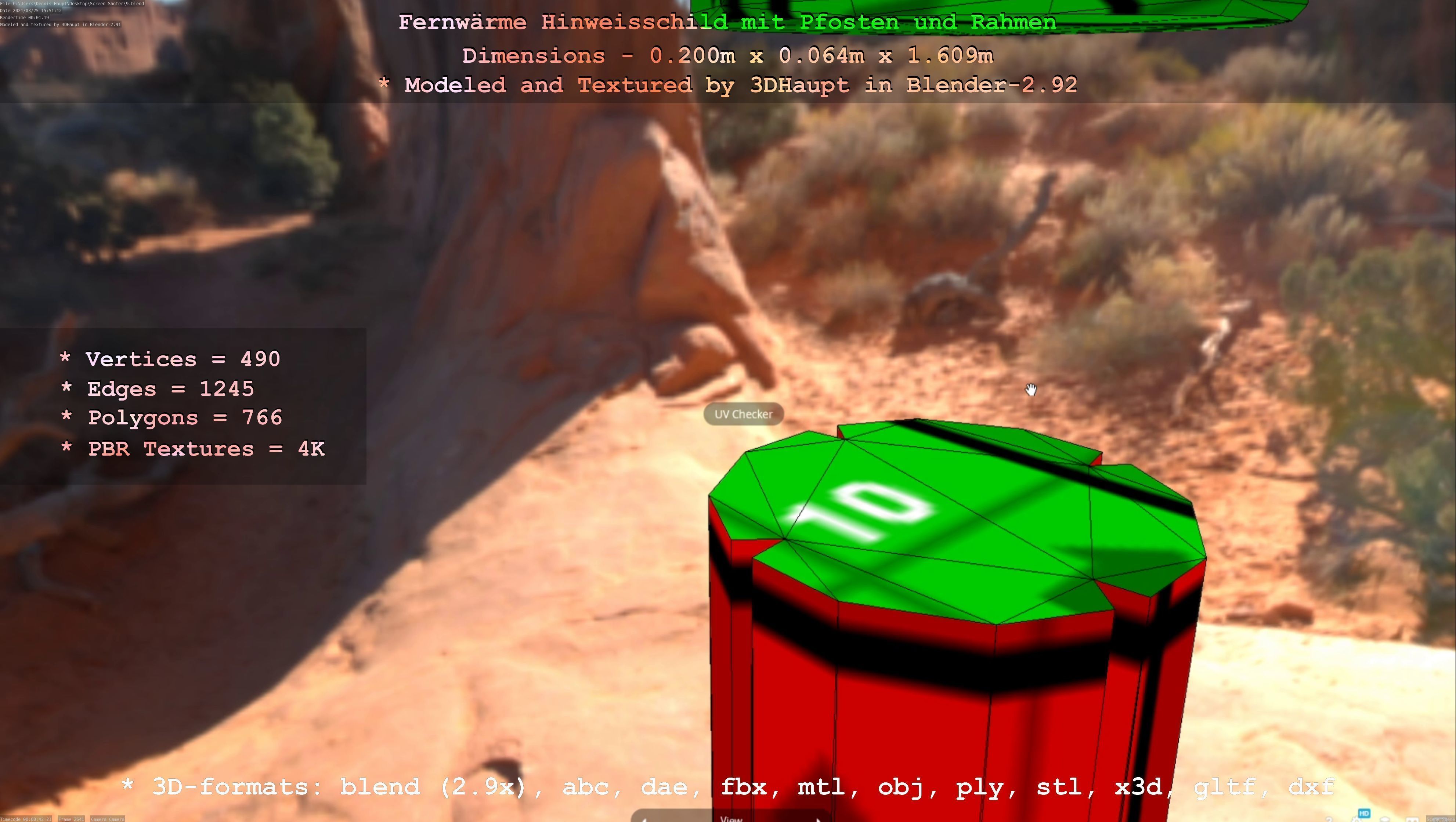 Hinweisschild Fernwaeme mit Pfosten und Rahmen Low-poly 3D model_97