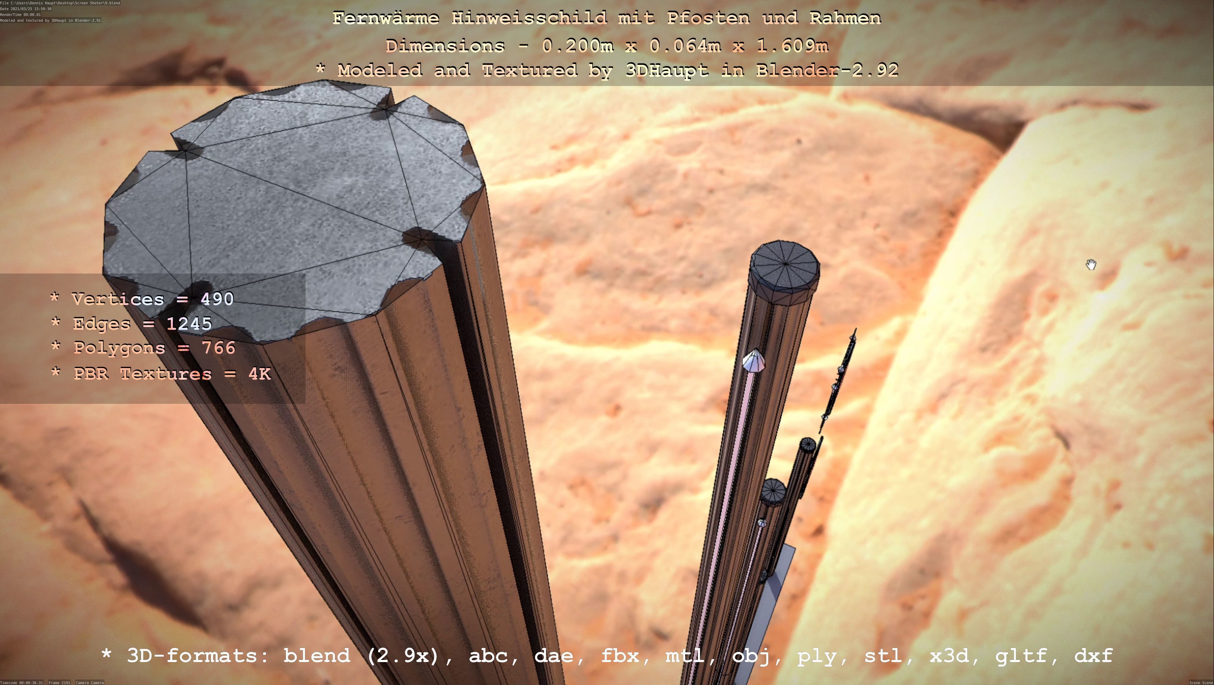 Hinweisschild Fernwaeme mit Pfosten und Rahmen Low-poly 3D model_9