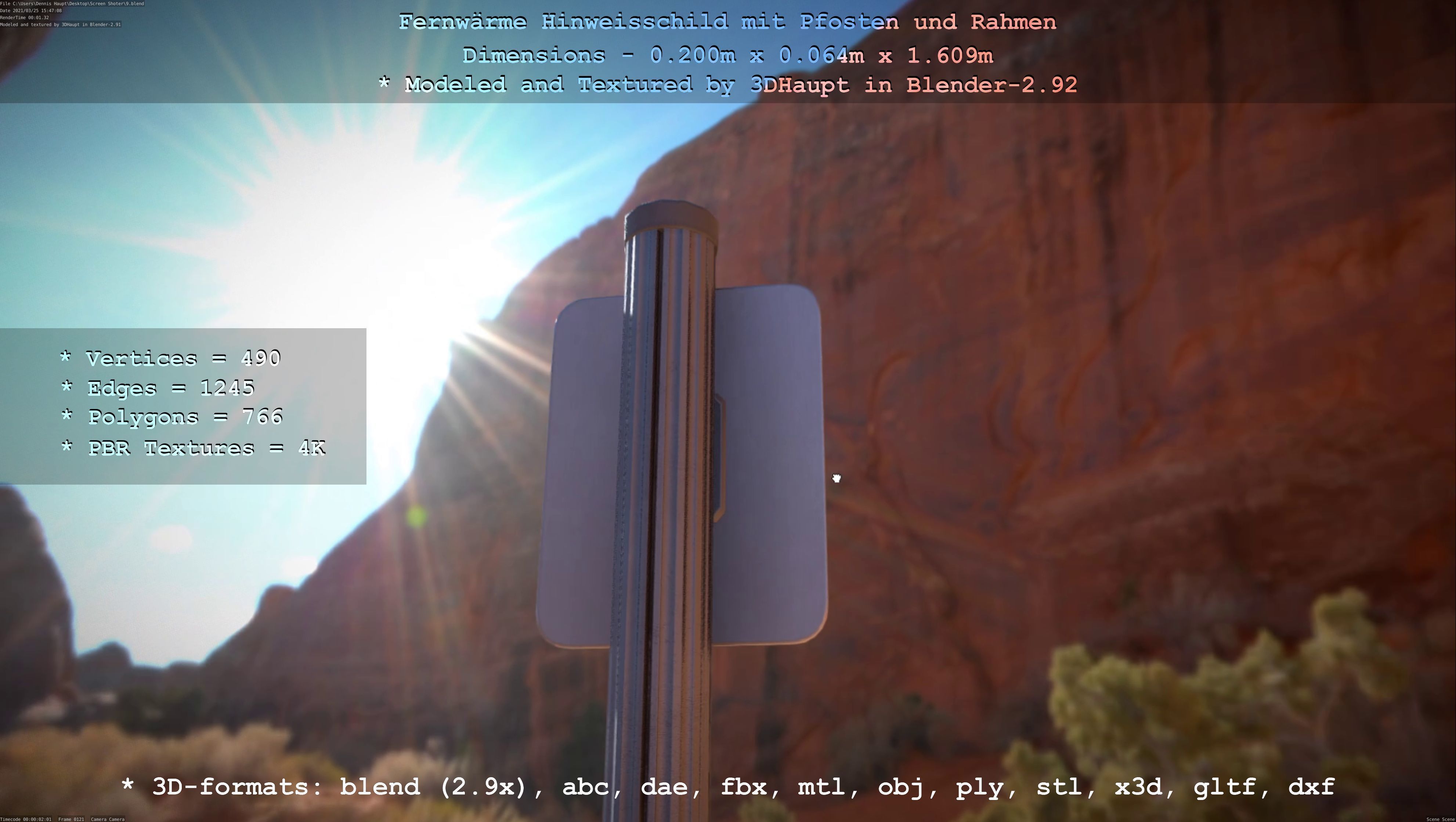 Hinweisschild Fernwaeme mit Pfosten und Rahmen Low-poly 3D model_68