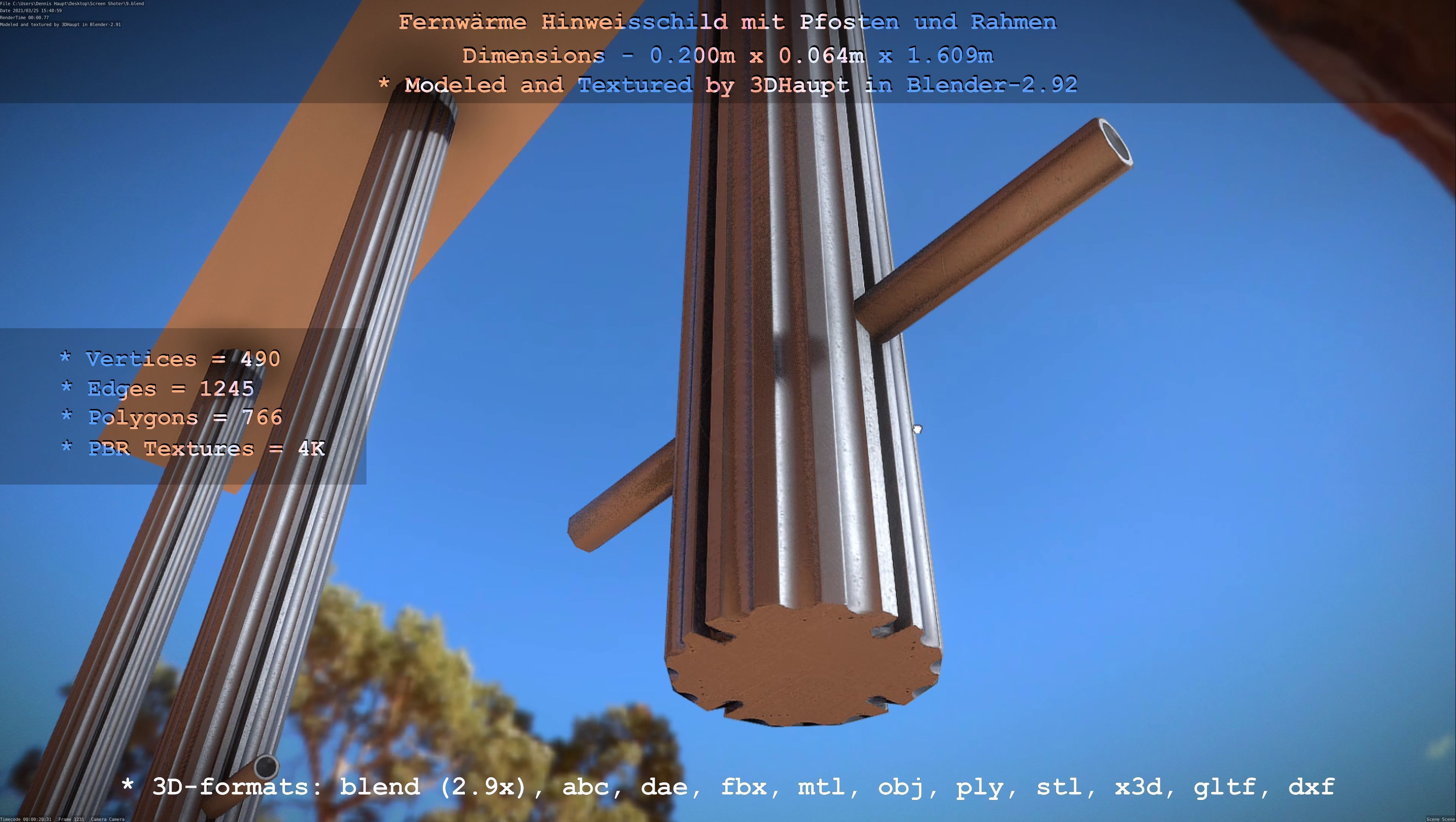 Hinweisschild Fernwaeme mit Pfosten und Rahmen Low-poly 3D model_5