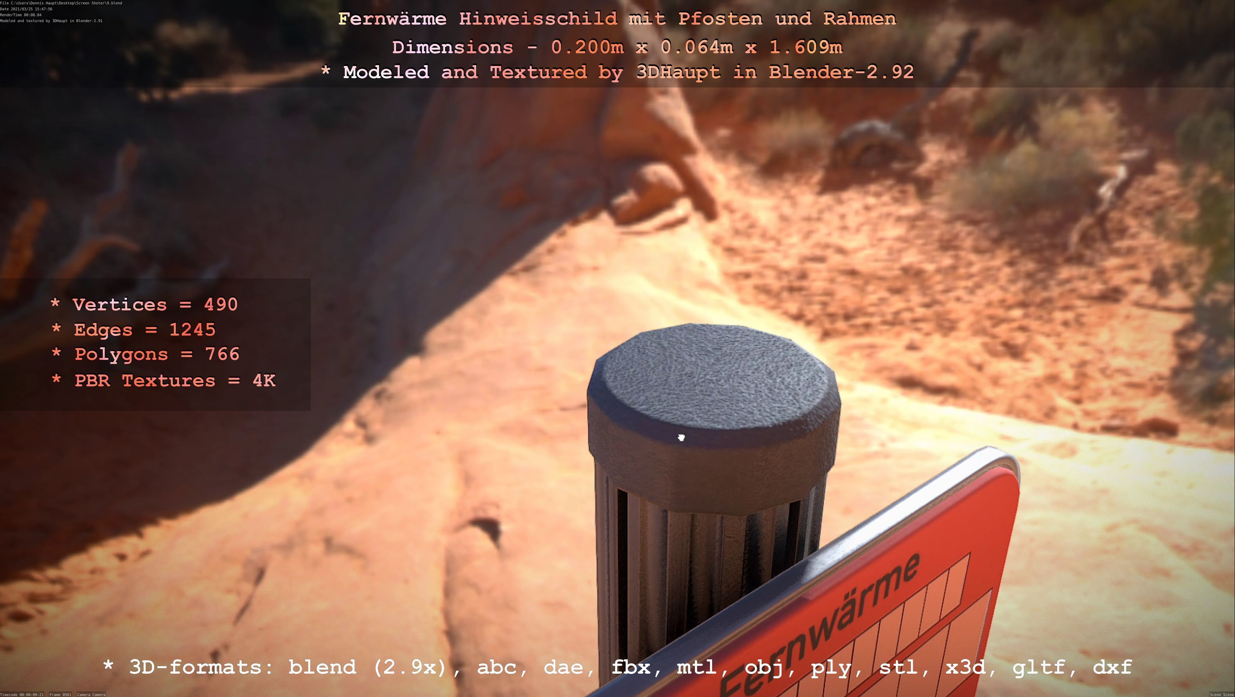 Hinweisschild Fernwaeme mit Pfosten und Rahmen Low-poly 3D model_96