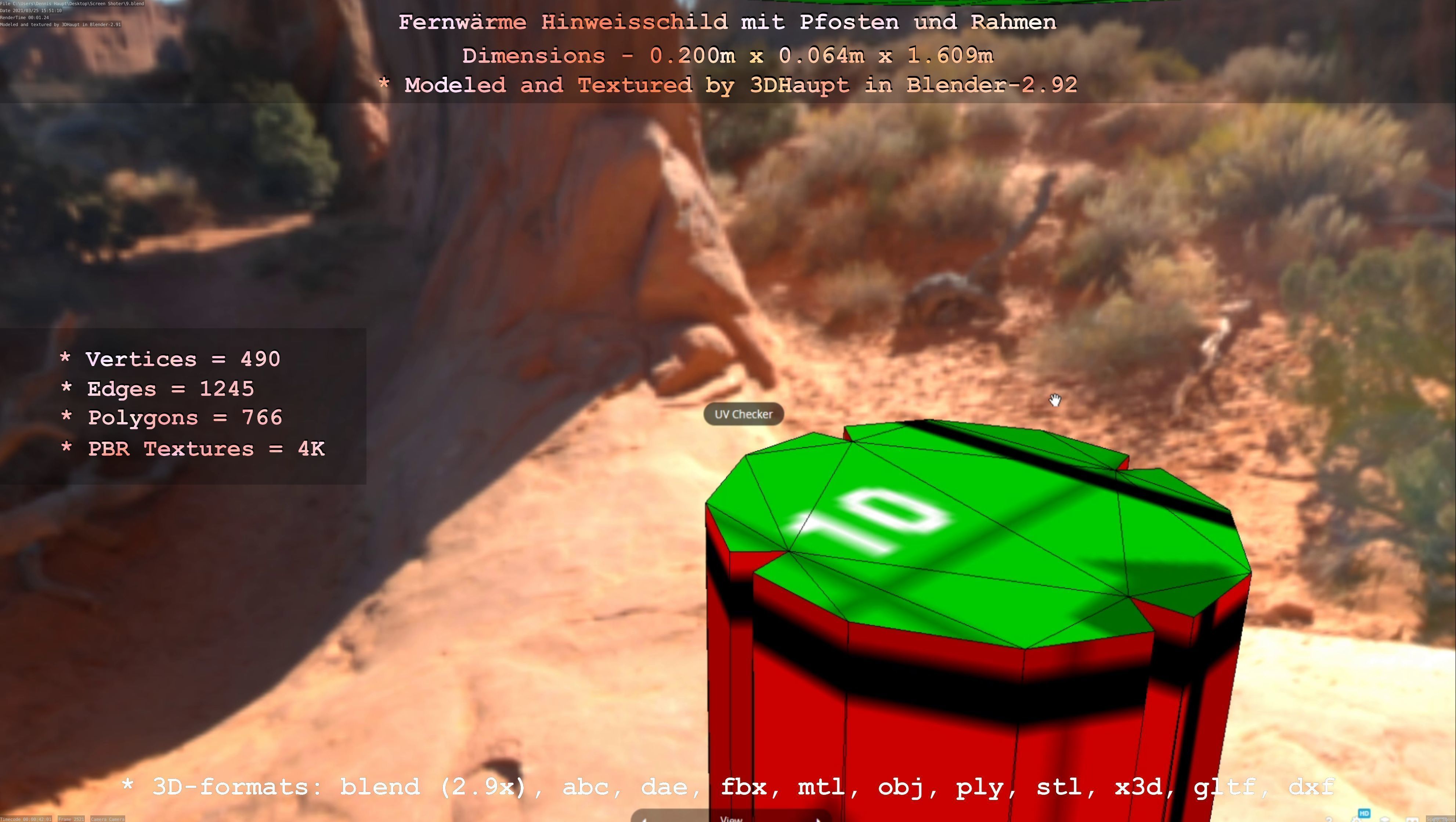 Hinweisschild Fernwaeme mit Pfosten und Rahmen Low-poly 3D model_56