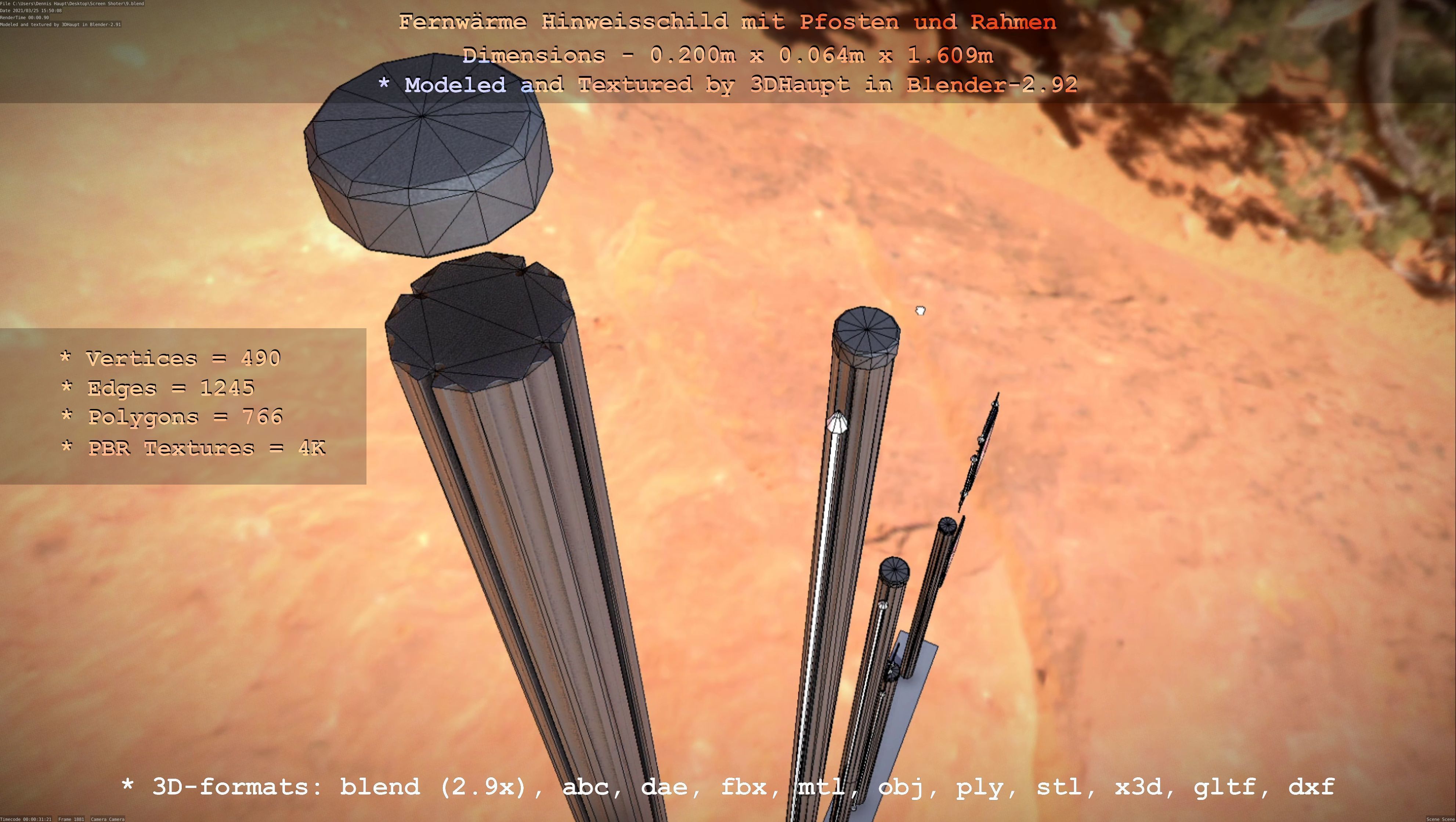 Hinweisschild Fernwaeme mit Pfosten und Rahmen Low-poly 3D model_78