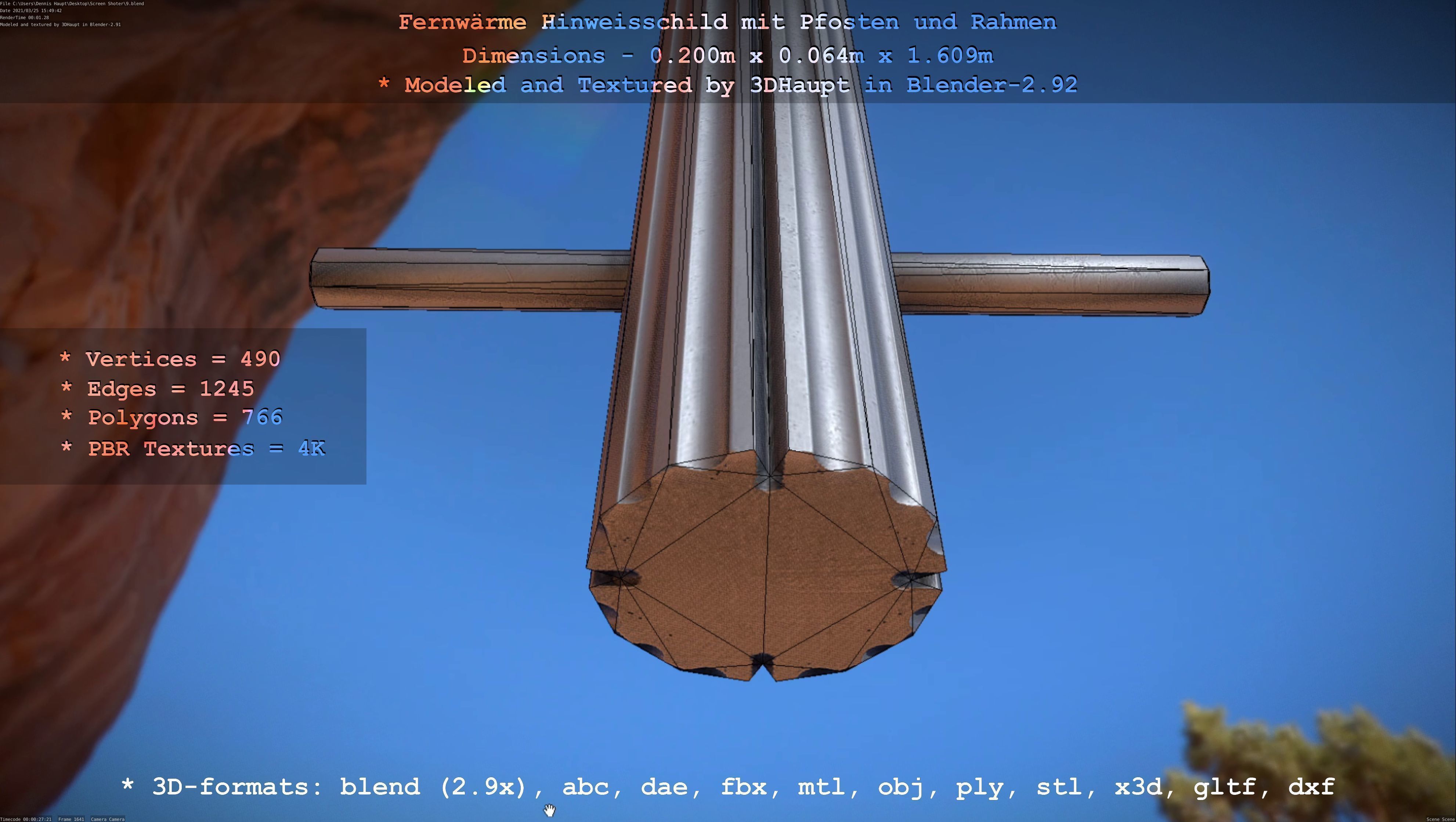 Hinweisschild Fernwaeme mit Pfosten und Rahmen Low-poly 3D model_69