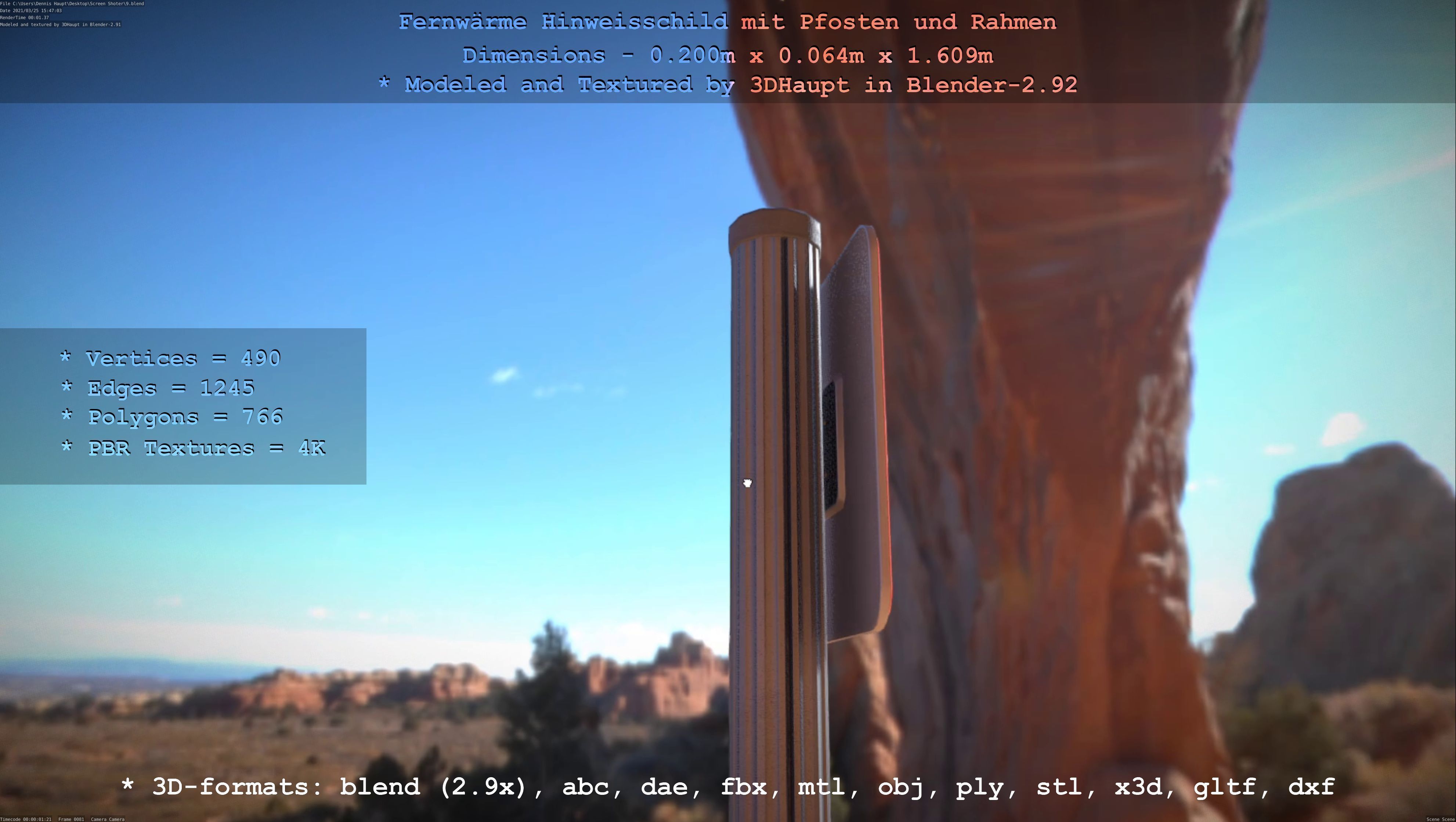 Hinweisschild Fernwaeme mit Pfosten und Rahmen Low-poly 3D model_21