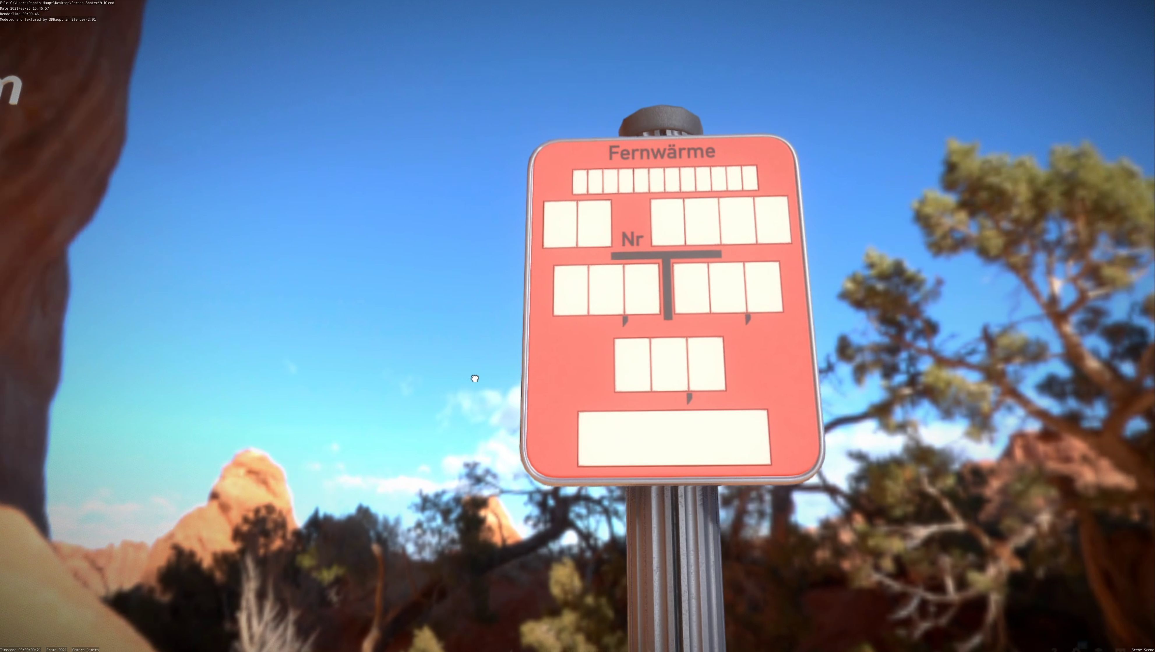 Hinweisschild Fernwaeme mit Pfosten und Rahmen Low-poly 3D model_62