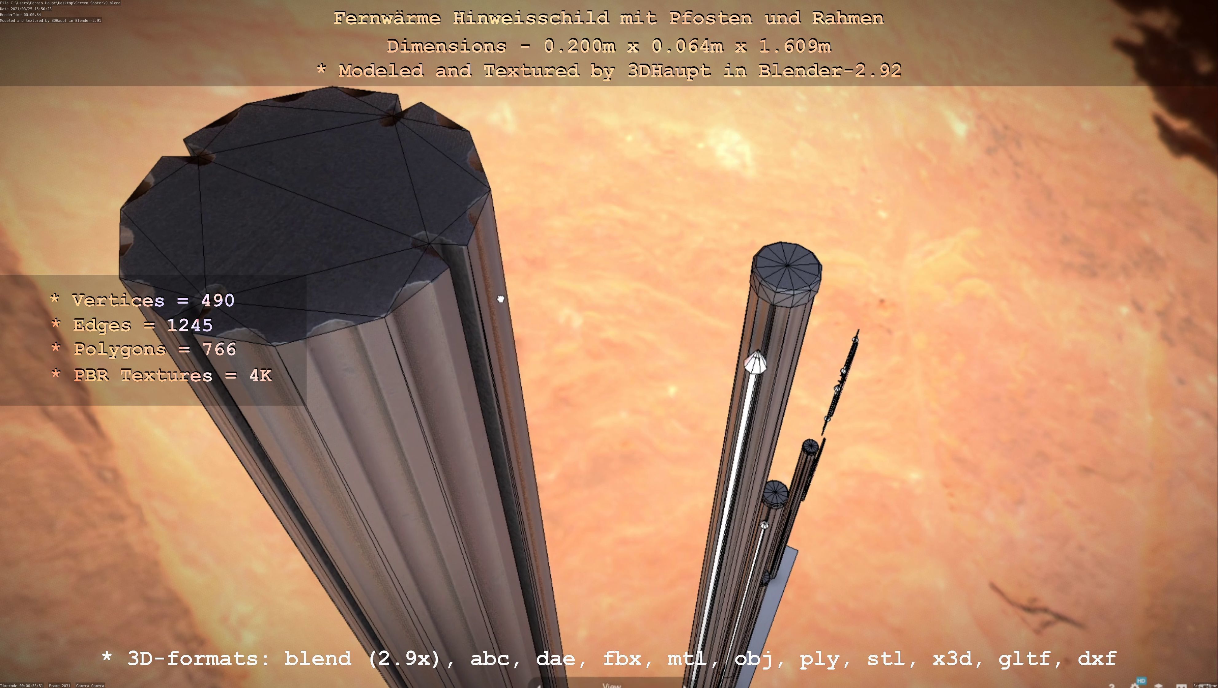 Hinweisschild Fernwaeme mit Pfosten und Rahmen Low-poly 3D model_65