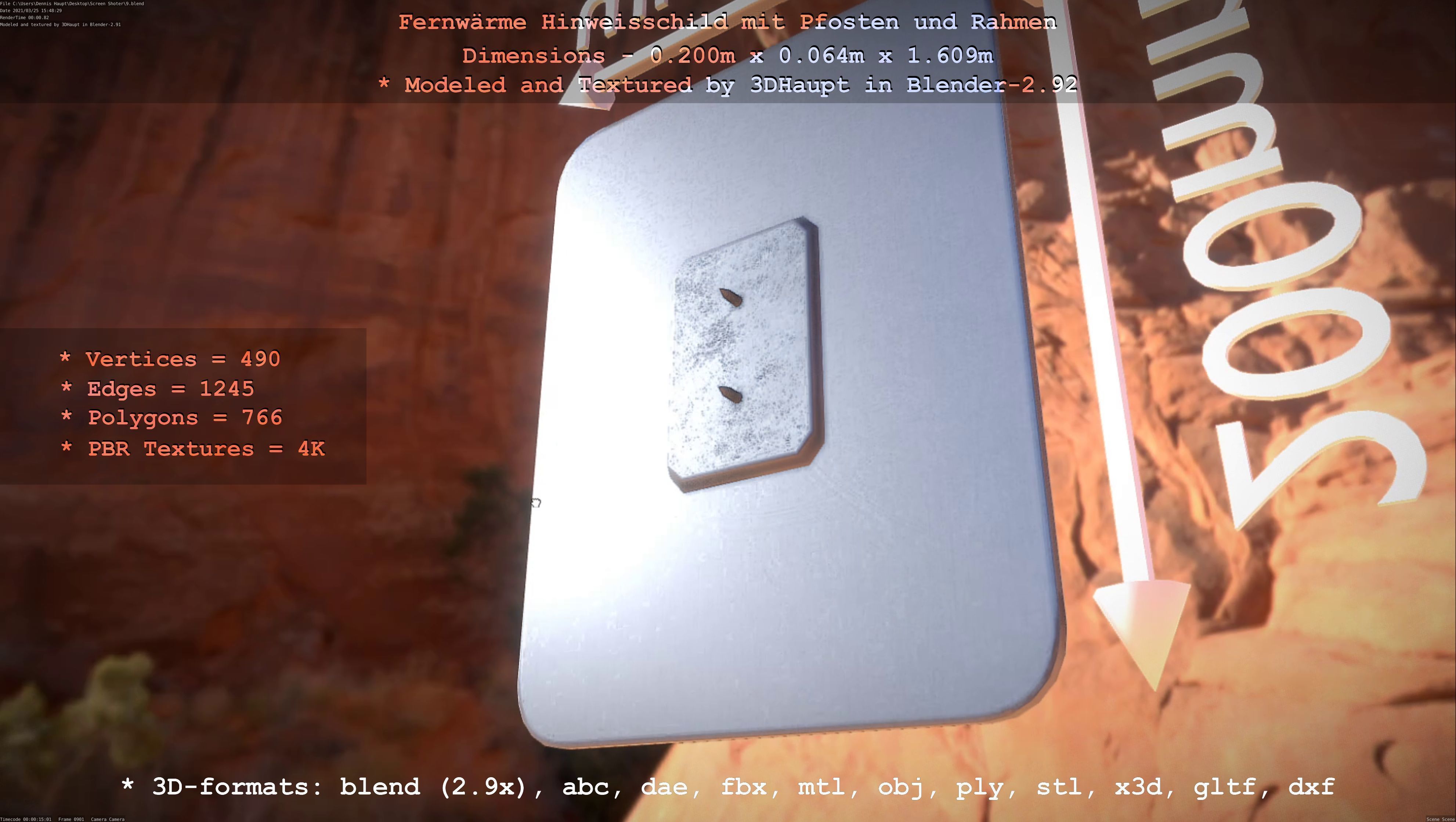 Hinweisschild Fernwaeme mit Pfosten und Rahmen Low-poly 3D model_34