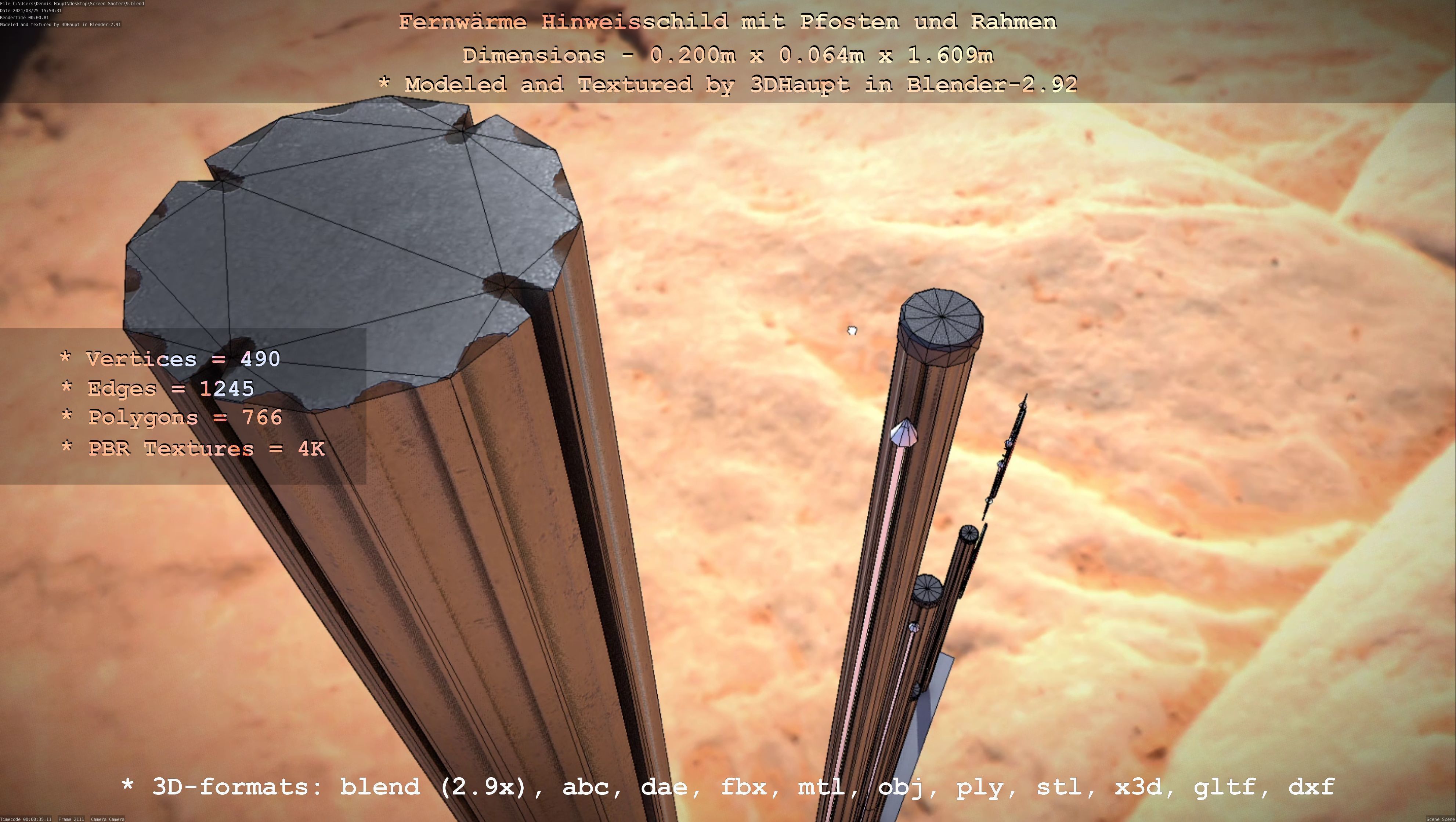 Hinweisschild Fernwaeme mit Pfosten und Rahmen Low-poly 3D model_77