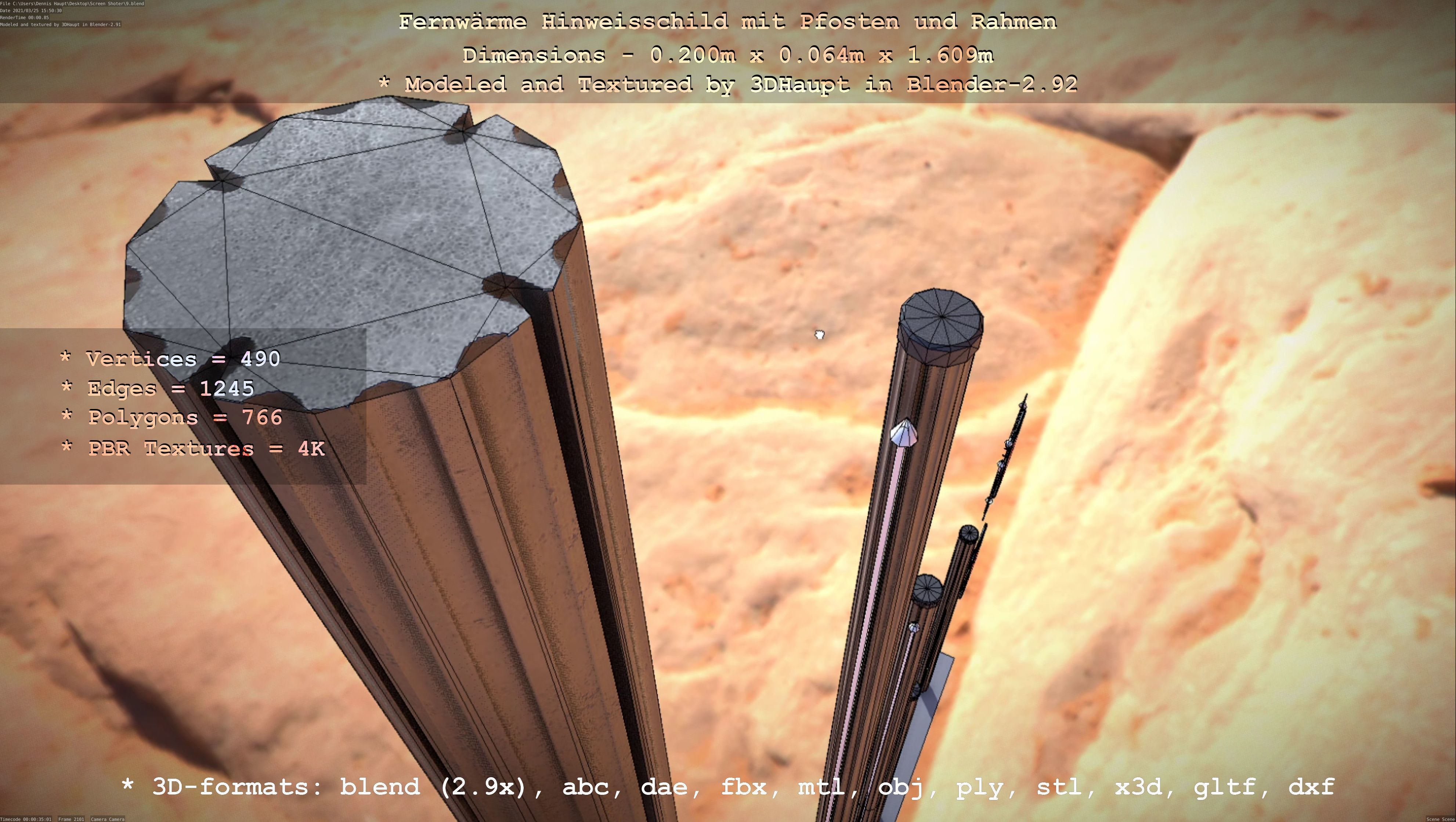 Hinweisschild Fernwaeme mit Pfosten und Rahmen Low-poly 3D model_74