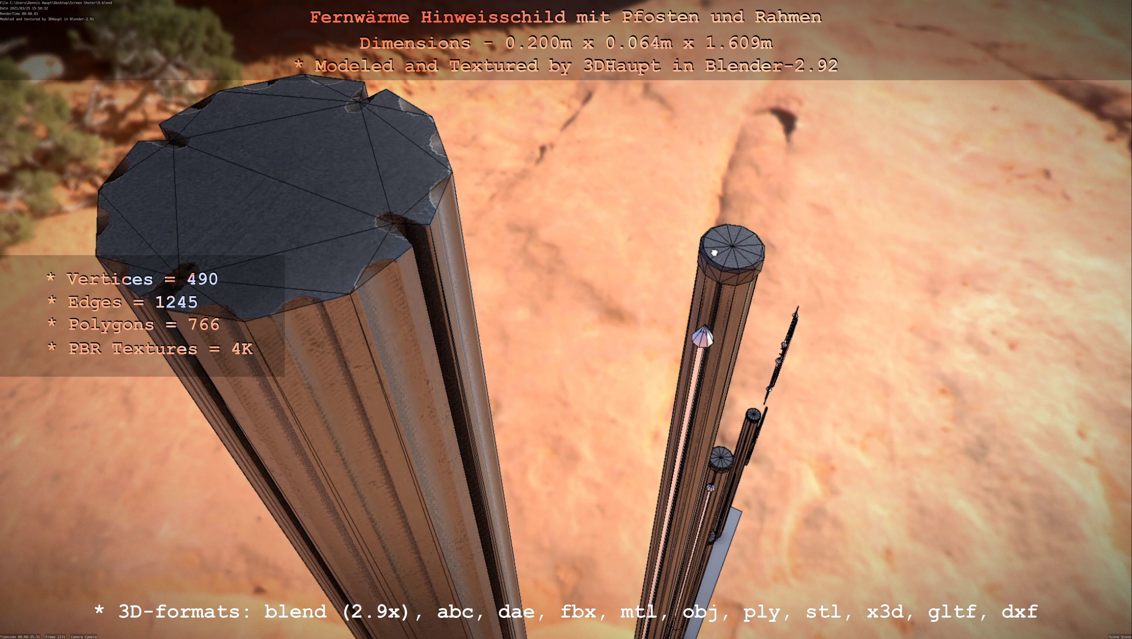 Hinweisschild Fernwaeme mit Pfosten und Rahmen Low-poly 3D model_76