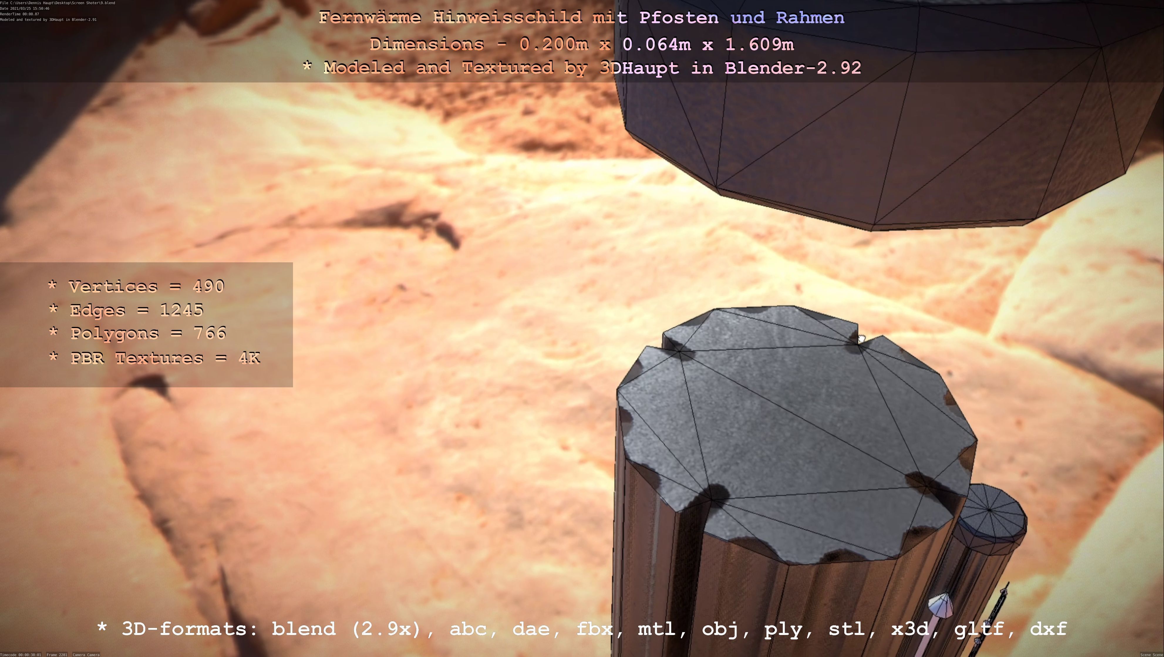 Hinweisschild Fernwaeme mit Pfosten und Rahmen Low-poly 3D model_67