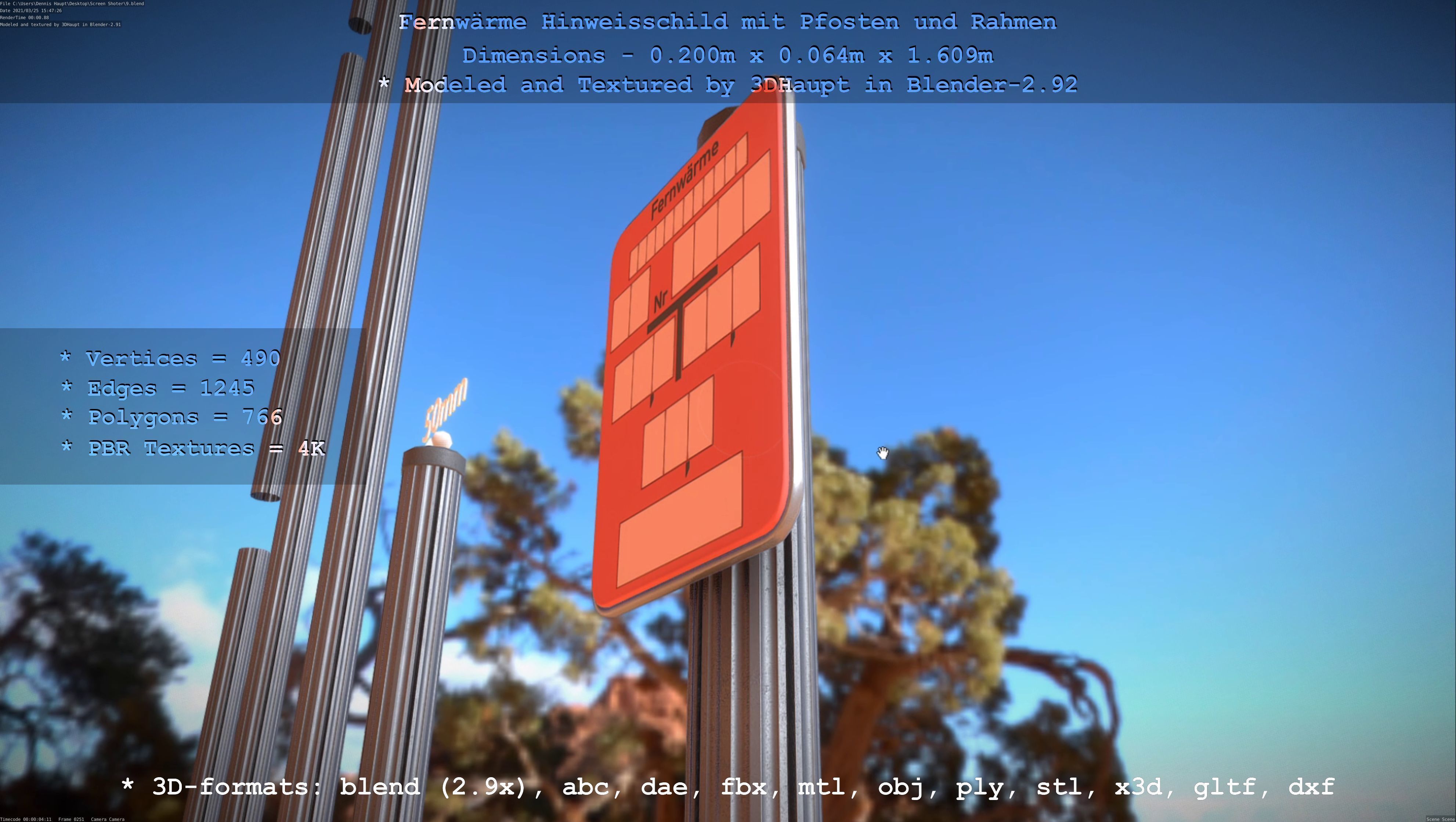 Hinweisschild Fernwaeme mit Pfosten und Rahmen Low-poly 3D model_27