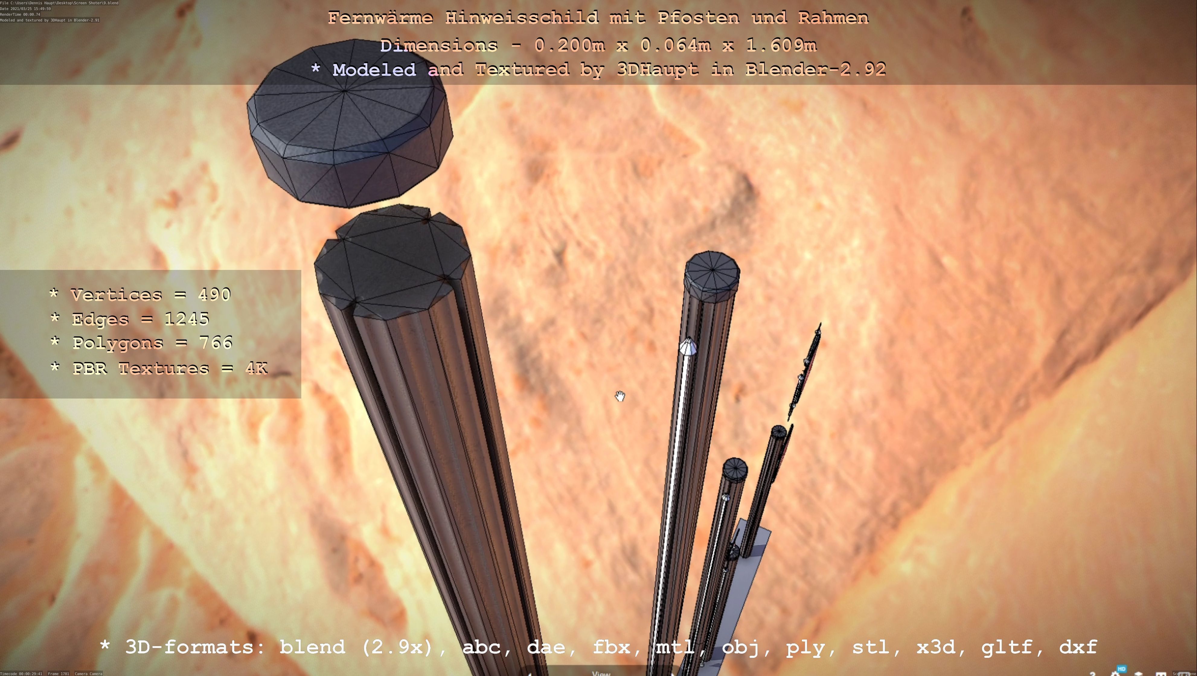 Hinweisschild Fernwaeme mit Pfosten und Rahmen Low-poly 3D model_84